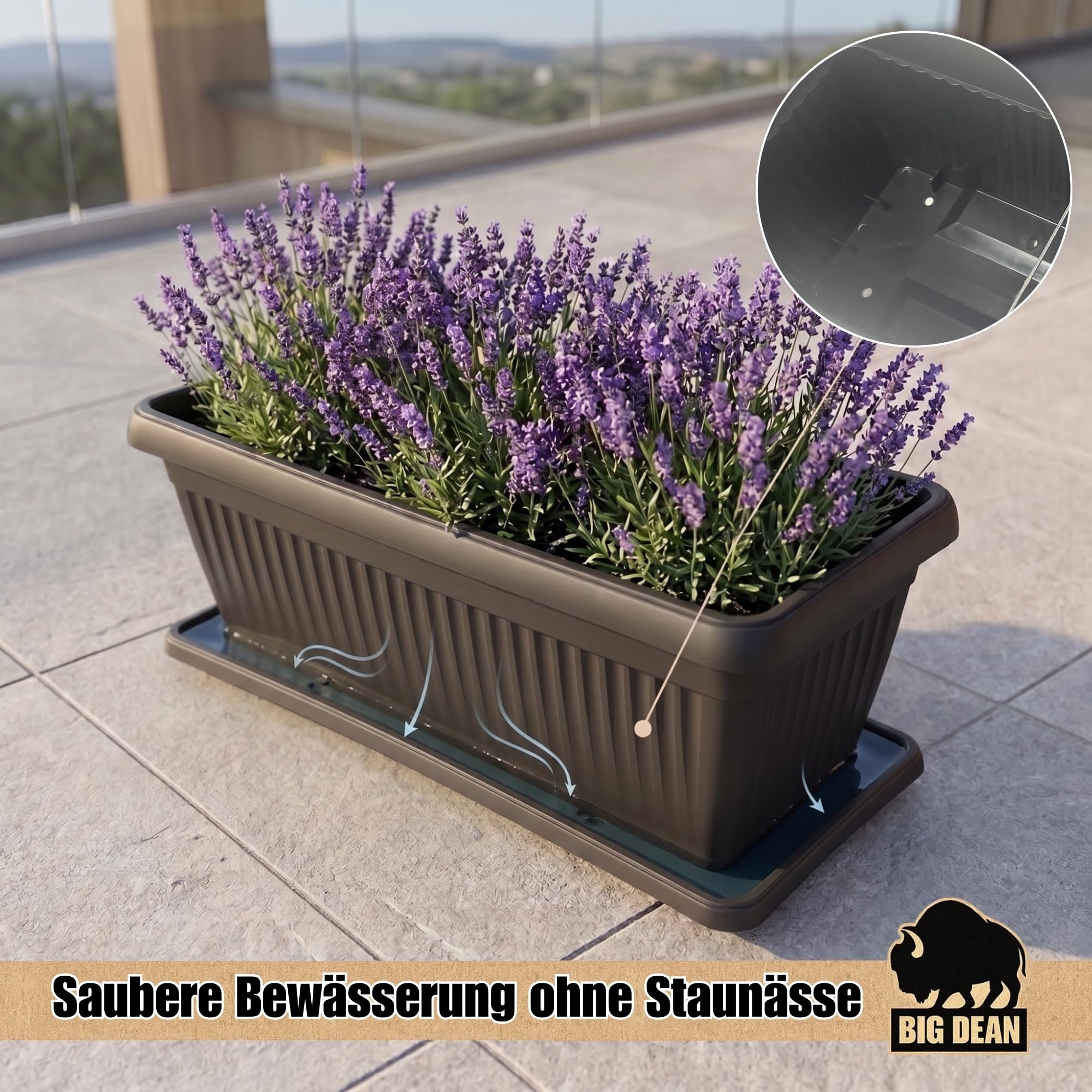 BigDean 3 Stück XXXL Blumenkübel 100×40×35cm 88 L Blumenkasten Blumentopf | Mediterranes Design, Lieferung inkl. Untersetzer, Farbe: Anthrazit, Pflanzkübel, XXXL, Extra-Groß, Pflanztopf