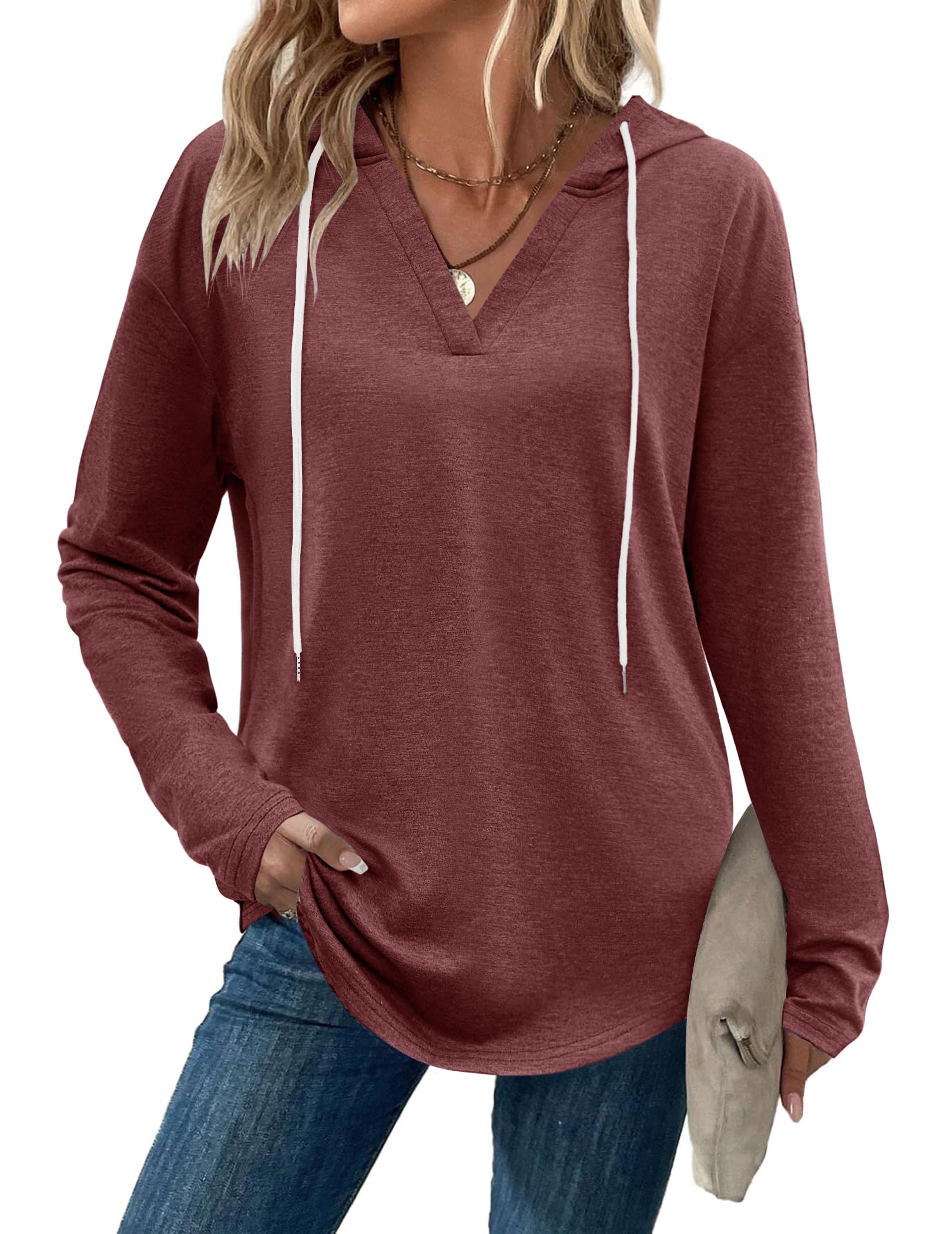 Zeagoo Hoodies for Women Long Sleeve Drawstring V Neck Pullover Sweatshirts Shirts Loose Casual Fall Tops