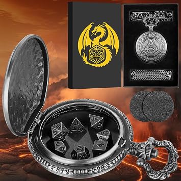 Keller & Weber Mini DND Dice Set Dragon Pocket Watch Shell Case, 7pcs Polyhedral Metal D&D Dice Set, DND Gifts with Gift Box, DND Gift, Role Playing Board Games Accessories, Dark Silver 