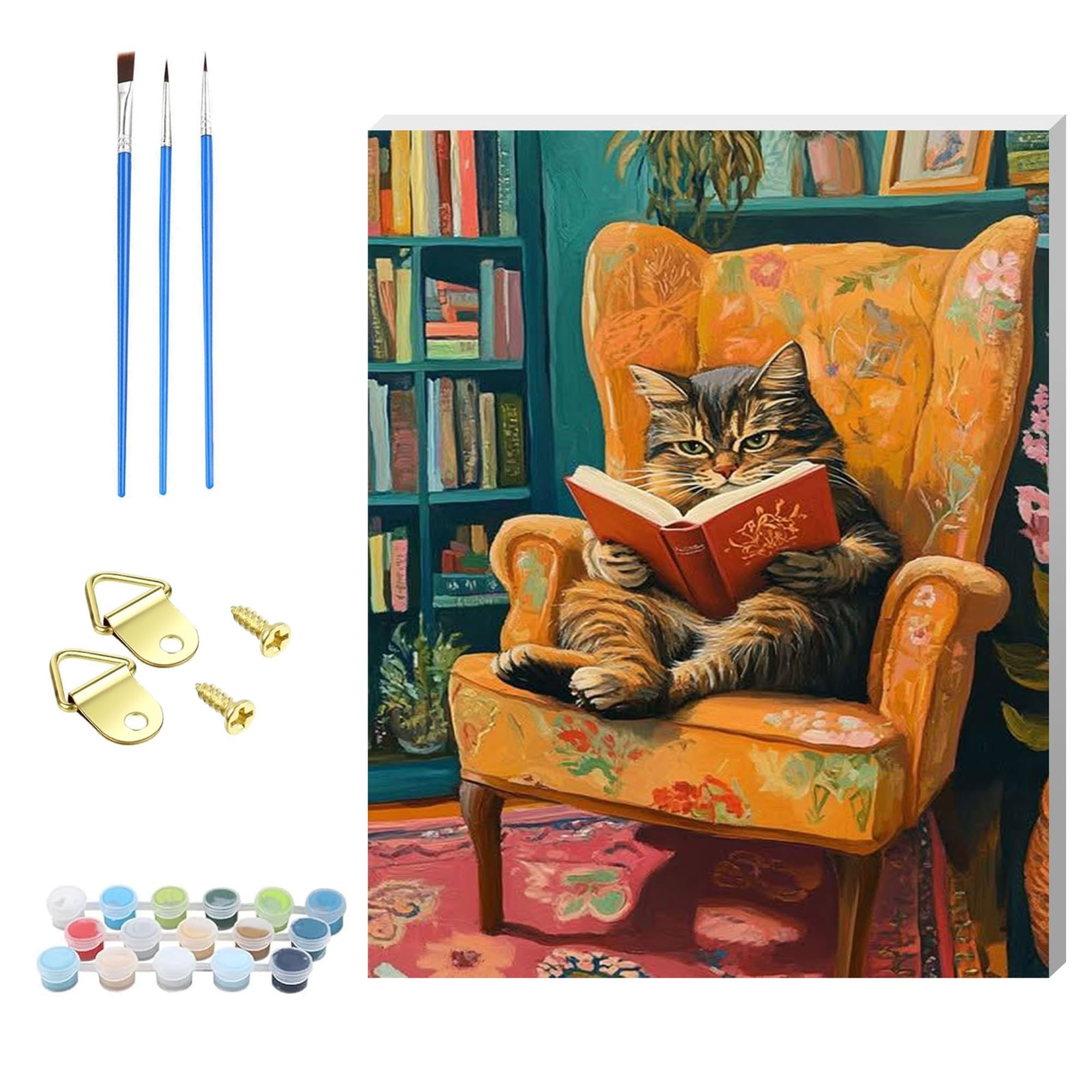 Zhosoho The Cat Is Reading A Book. Wooden Framed Paint By Numbers Kits For Adults,Diy Painting Kit On Canvas, Color By Numbers Acrylic,Adult Paint By Number For Wall Decor And Gifts (The Cat Is Reading A Book.)