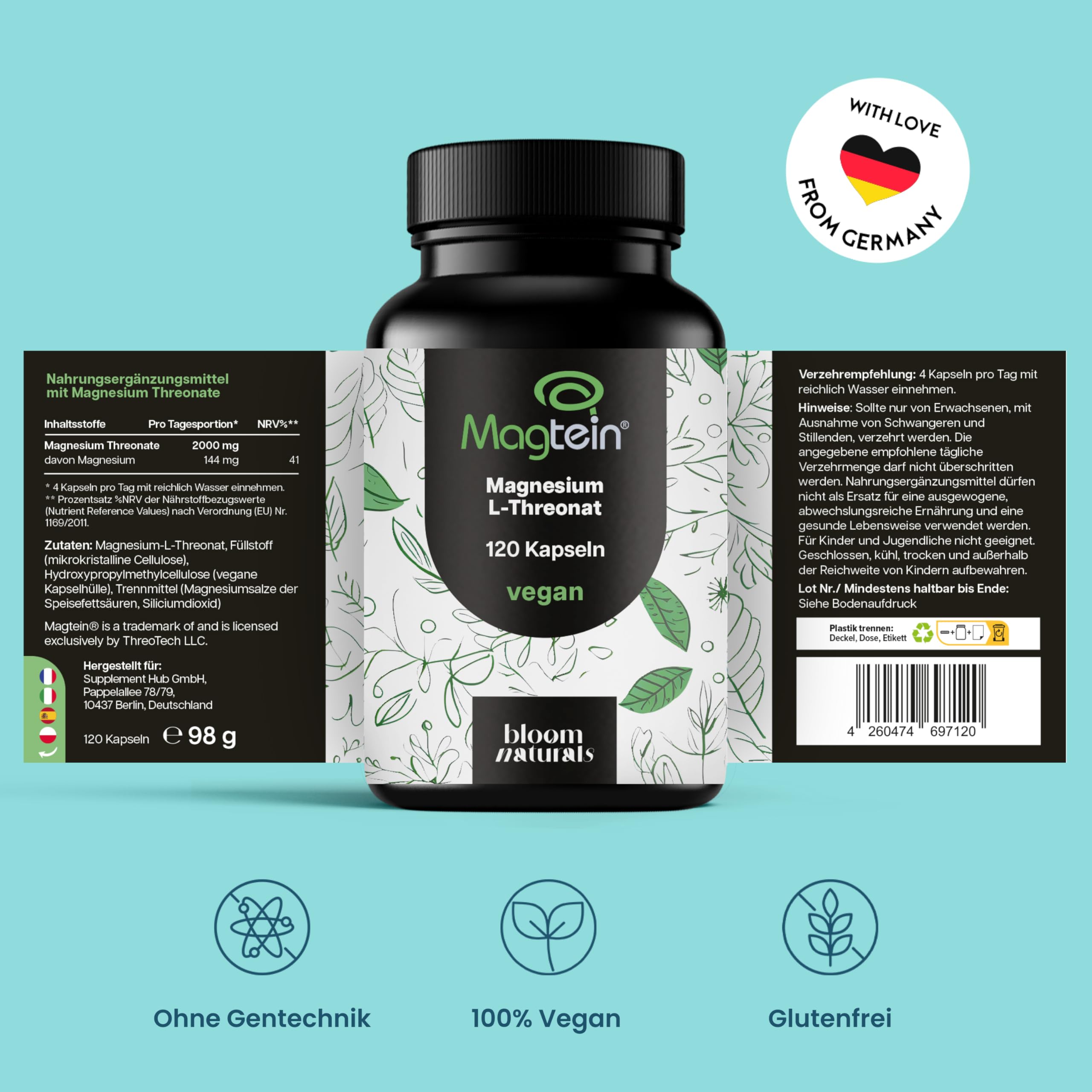 Magtein® Magnesium L-Threonate - 120 Kapseln mit 2000 mg täglich - L-Threonat - Magnesium Threonate - Laborgeprüft, vegan & produziert in Deutschland - Verpackung kann variieren