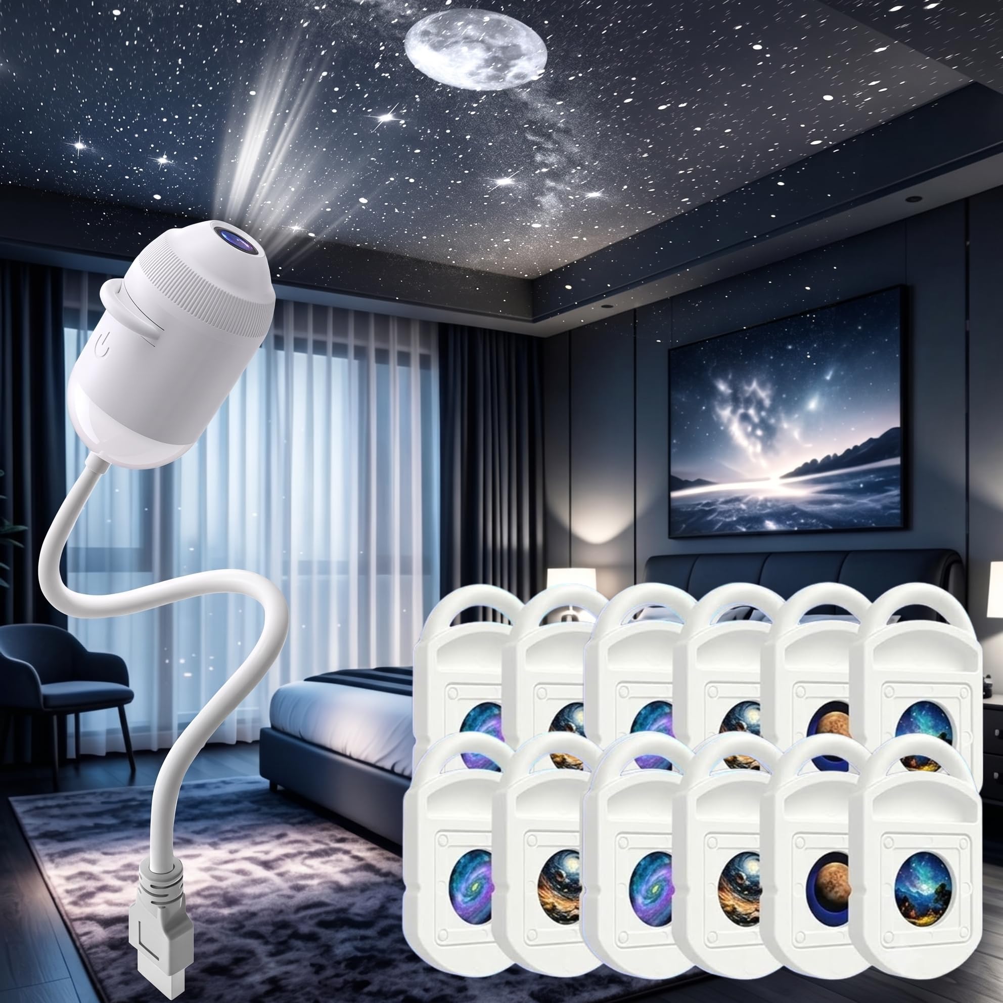 2-in-1 Galaxy Projector Night Light with 6/12/24 Sliding Projection Films, 360° Adjustable Starry Night Light Projector for Car, Bedroom Hallway Ceiling Decor，12 Projection Films