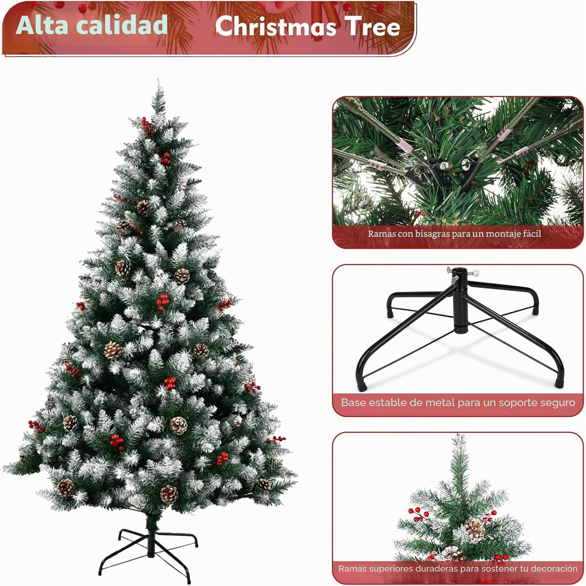 Carnavalife Arbol de Navidad Plegable con Decoracion Piña Frutos Rojos y Nieve, Arbol Navidad Artificial Robusto con Pie Metal Fácil Montaje para Exterior e Interior (Arbol con Fruto, 120CM)