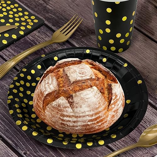Miniatura 6 de Suministros desechables para fiestas, juego de vajilla de 60 piezas negro y dorado que incluye platos de 79 pulgadas, servilletas, mantel, vasos,