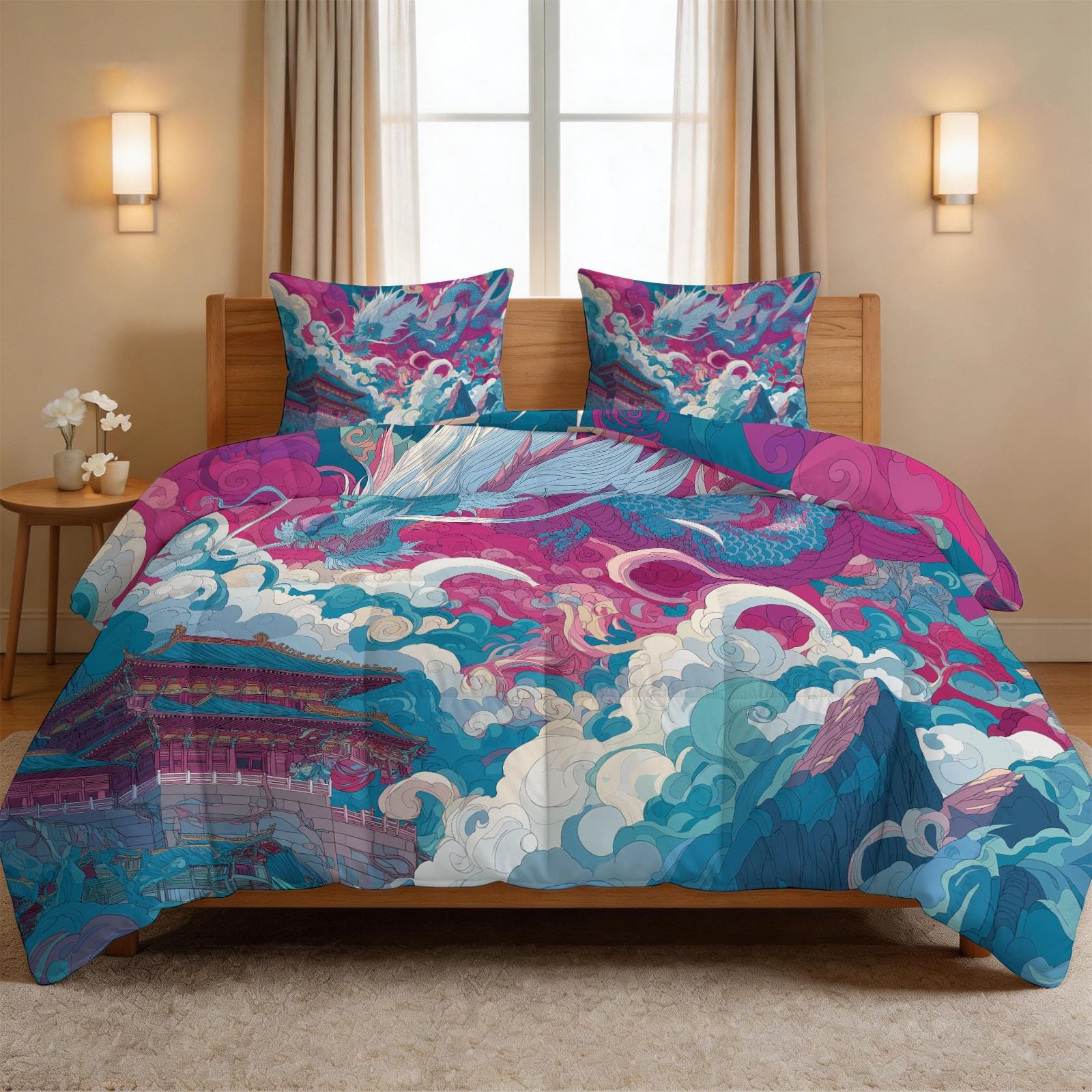 Couette imprimée dragon 4 saisons 200x220 cm légère réversible lit 2 personnes