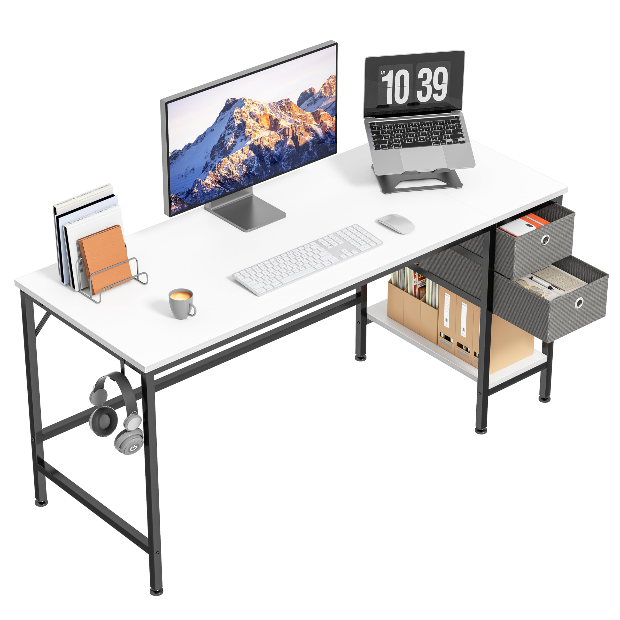 Photo 1 of HOMIDEC Office Desk, Computer Desk with Drawers 55" Study Writing Desks for Home with Storage Shelves, Desks & Workstations for Home Office Bedroom White 55"