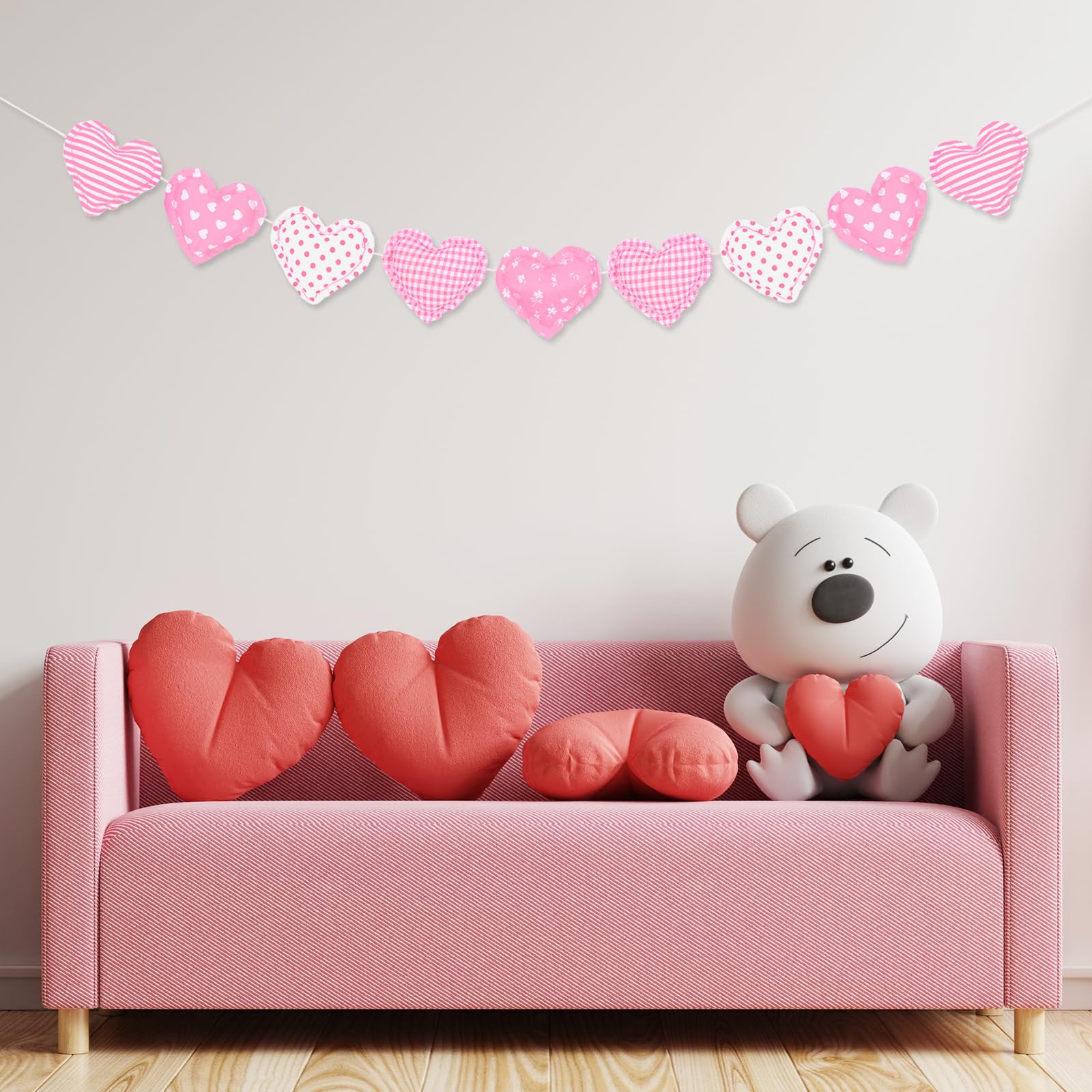 Whaline 3D Rosa Weiß Herz Girlande Vormontiert Herz Stoff Wimpelkette Girlande für Tag Hochzeit Jahrestag Party Hängende Dekorationen