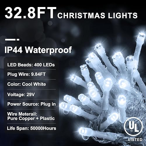 Vista 25 de KNONEW 164 pies 1600 luces LED de Navidad decoración al aire libre, temporizador blanco, 8 modos de luces colgantes con 320 gotas, enchufe en Blanco