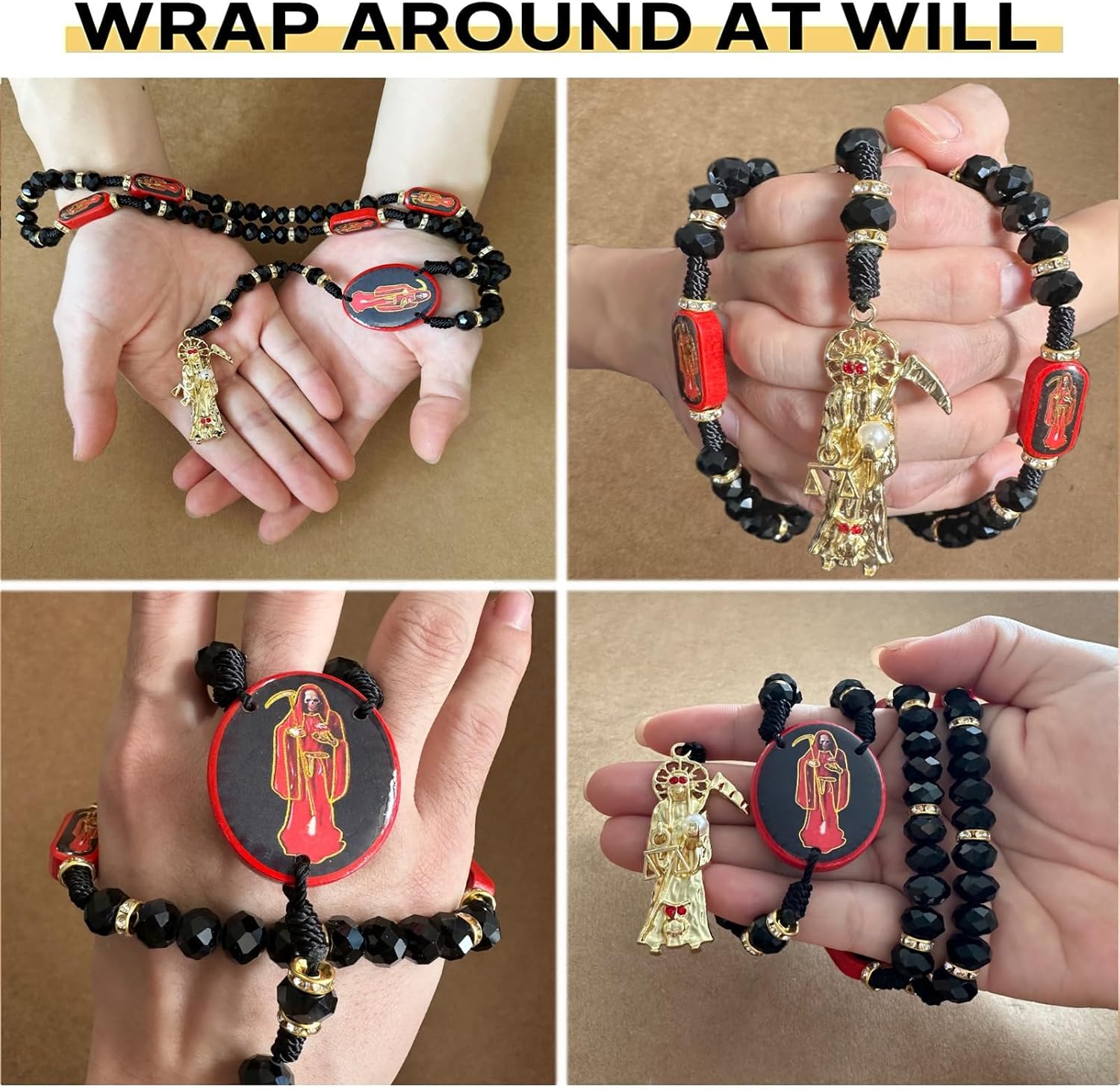 BONITTER Black Holy Death's Necklace Wooden Santa Muerte Necklace Red Rosaries Beads Blessing Crafted Rosario de la santa muerte Prayer Gift For Women Men
