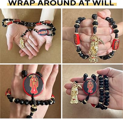 BONITTER Black Holy Death's Necklace Wooden Santa Muerte Necklace Red Rosaries Beads Blessing Crafted Rosario de la santa muerte Prayer Gift For Women Men