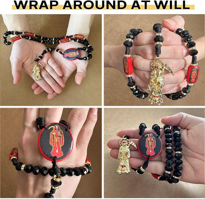 BONITTER Black Holy Death's Necklace Wooden Santa Muerte Necklace Red Rosaries Beads Blessing Crafted Rosario de la santa muerte Prayer Gift For Women Men