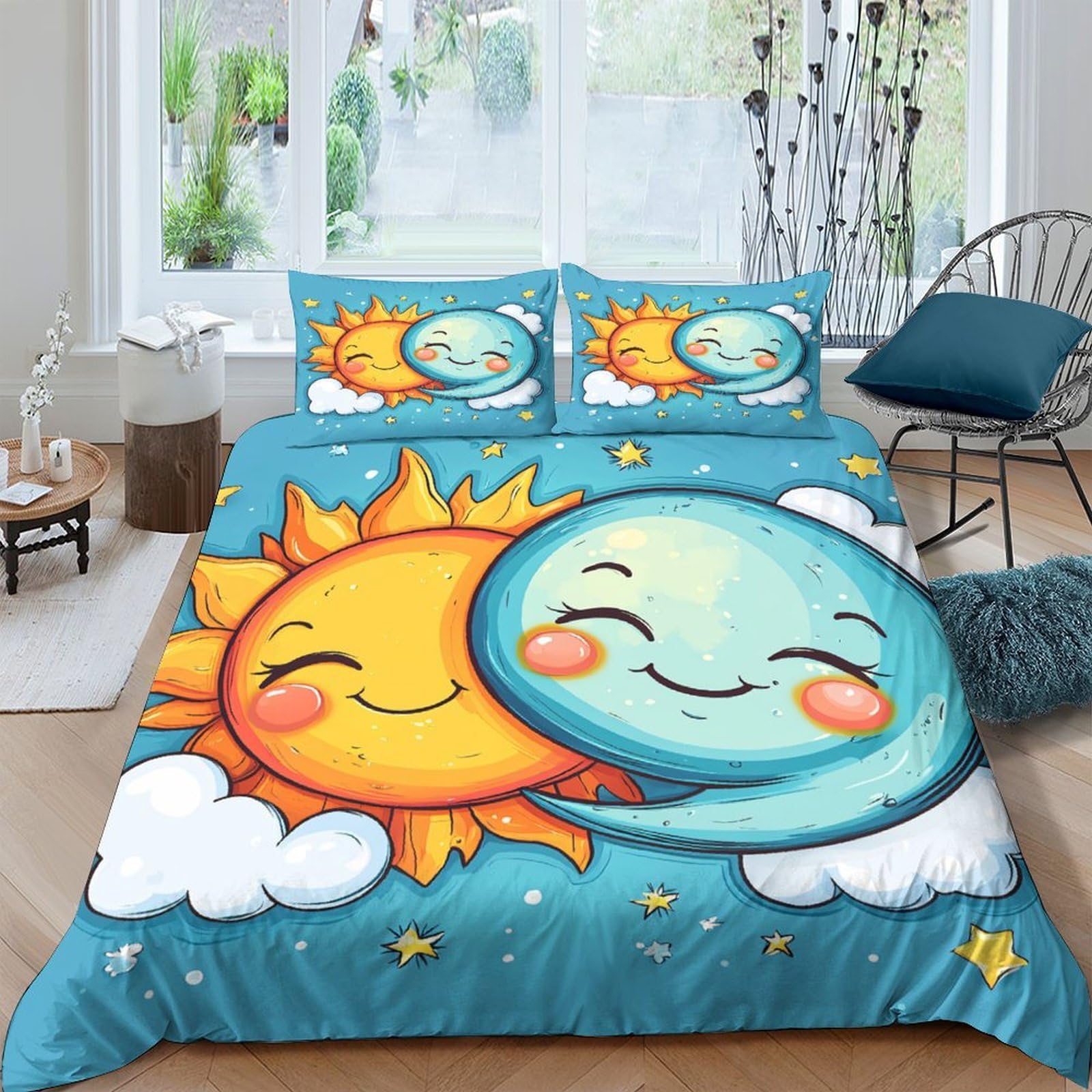 Ctjqhvkz Style-8 3D Printed Sun And Moon Fitted Sheet Microfiber Cartoon Celestial Bed Cover For Bedroom Dorm Mattress Decor Single（135X200cm）