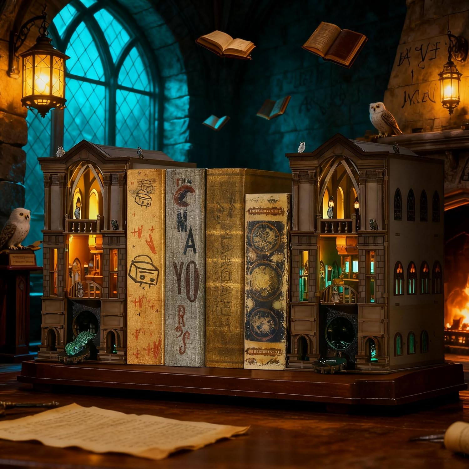 Book Nook Kit – 3D Wooden Puzzle with Interactive LED Lights, Magic Castle DIY Miniature Decor for Adults & Teens, Enchanting Storytelling Bookshelf Insert