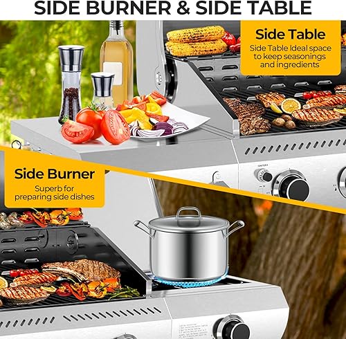 Miniatura 3 de Parrilla de gas propano de 3 quemadores con quemador lateral - Parrilla de barbacoa de acero inoxidable de 34,000 BTU para exteriores, rejillas de