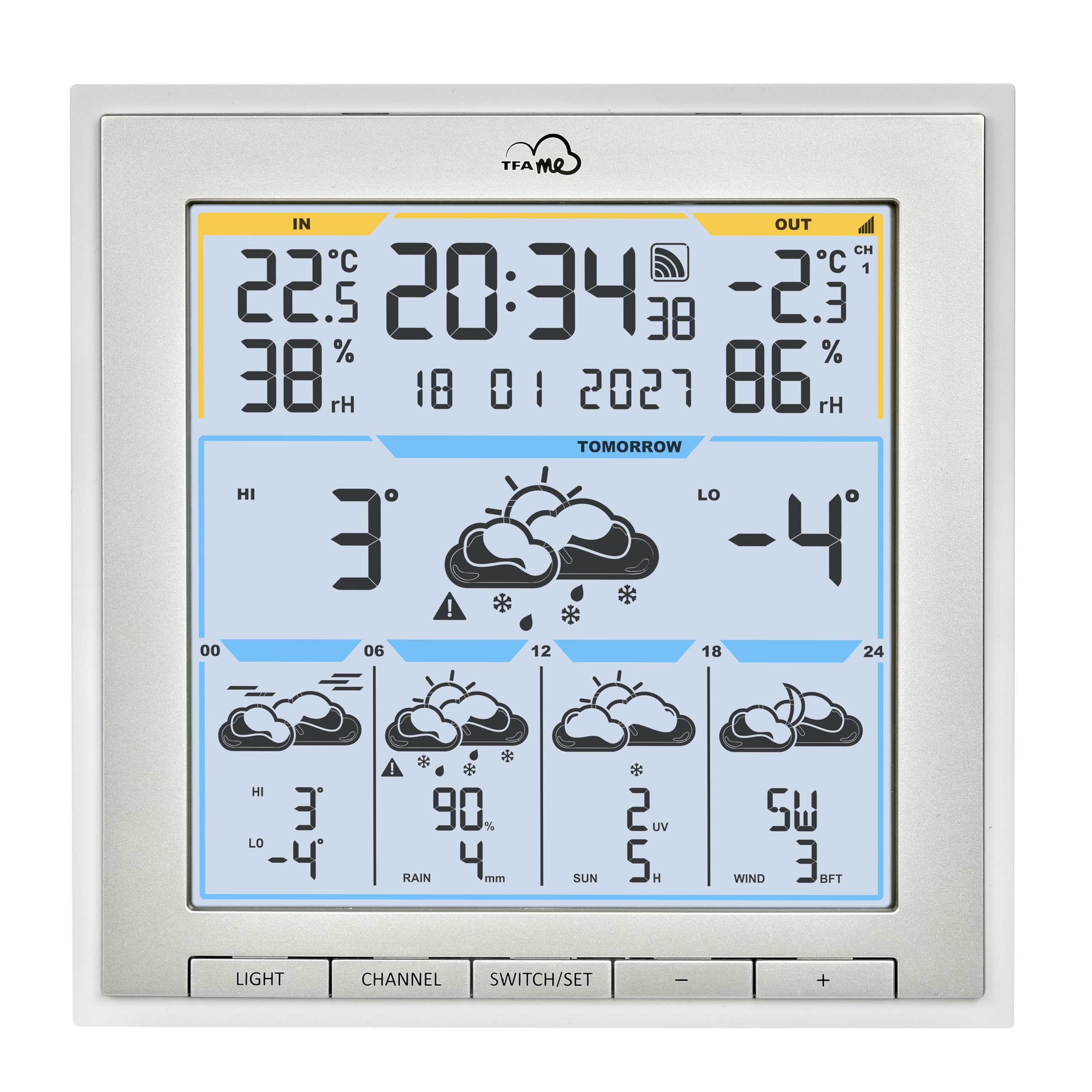 TFA Dostmann Station météo avec capteur ext. wifi TFA.me ID-08, 35.8105, prévisions météo de wetter.com pour 5 jours, portail en ligne, valeurs max. et min., fonction d'alerte, couleur blanche