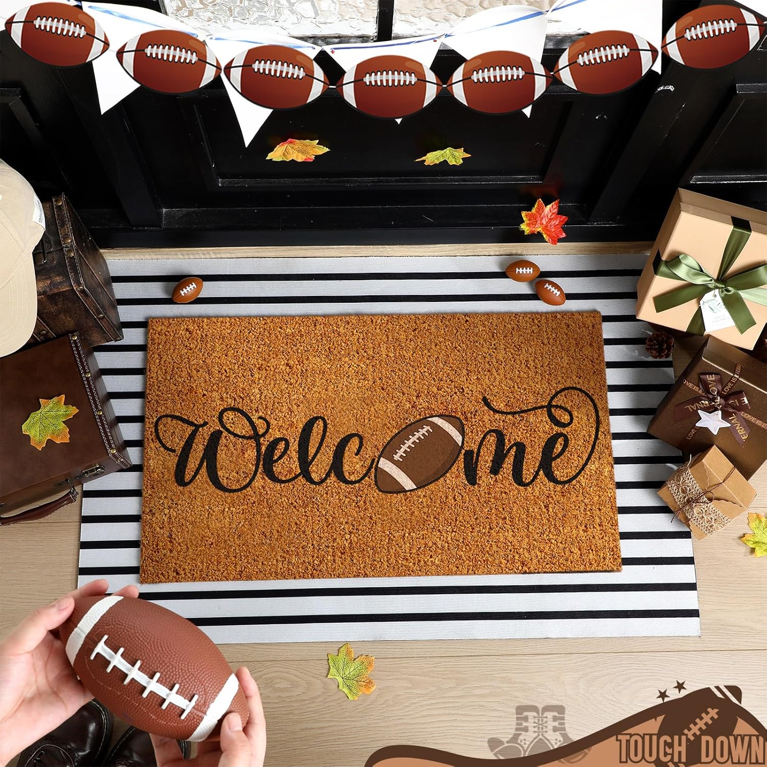 Duraaamo 2 Pcs Football Nature Coir Door Mat Outdoor Football Welcome Rug Non Slip Floor Door Mat Sport Ball Indoor Entrance Rug Sport Porch Front Decor