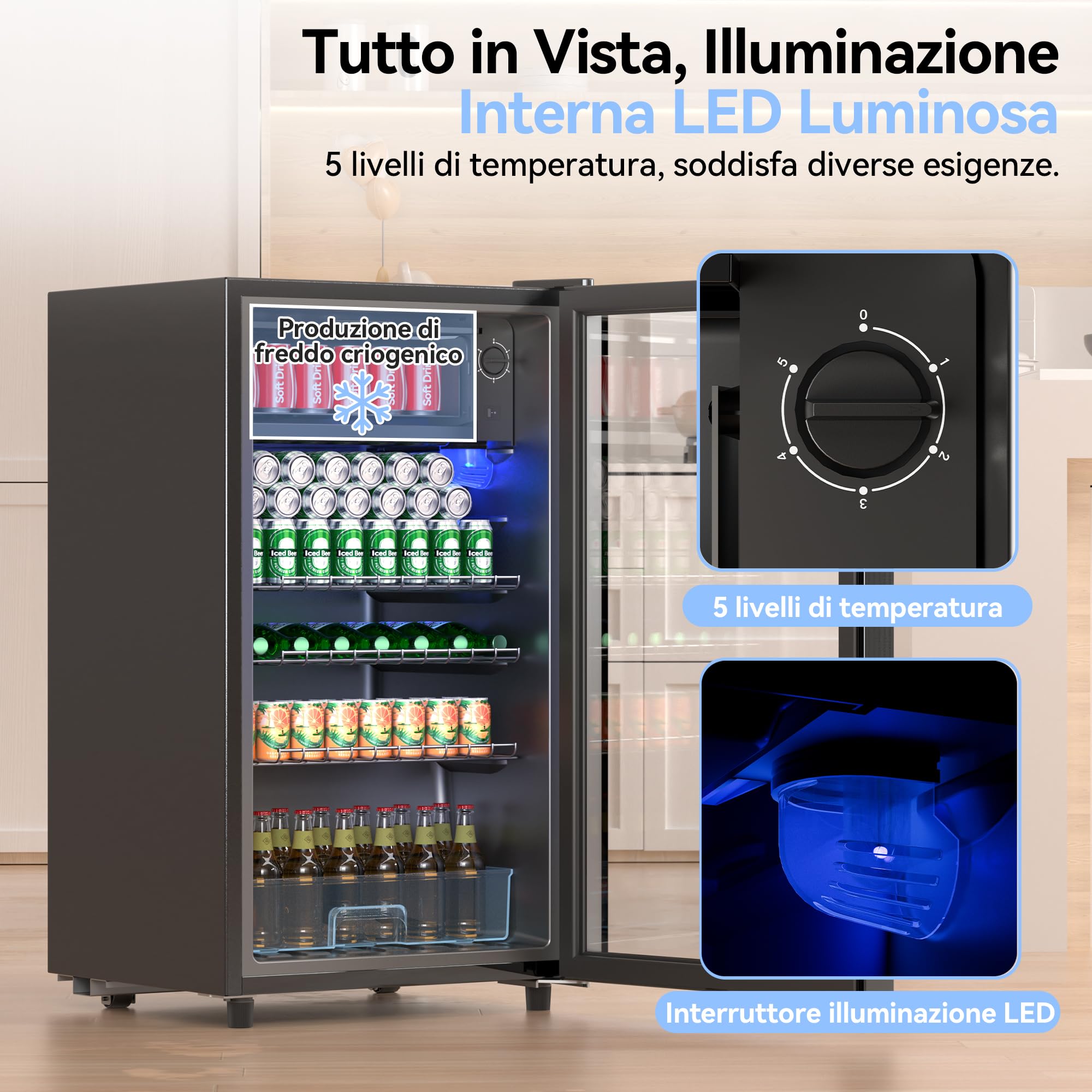 JUMMICO Frigorifero per bevande, 93 l, piccolo con illuminazione LED blu, frigorifero per birra con porta di design in vetro, con 3 ripiani e portabottiglie per soda/birra/vino [Classe di efficienz