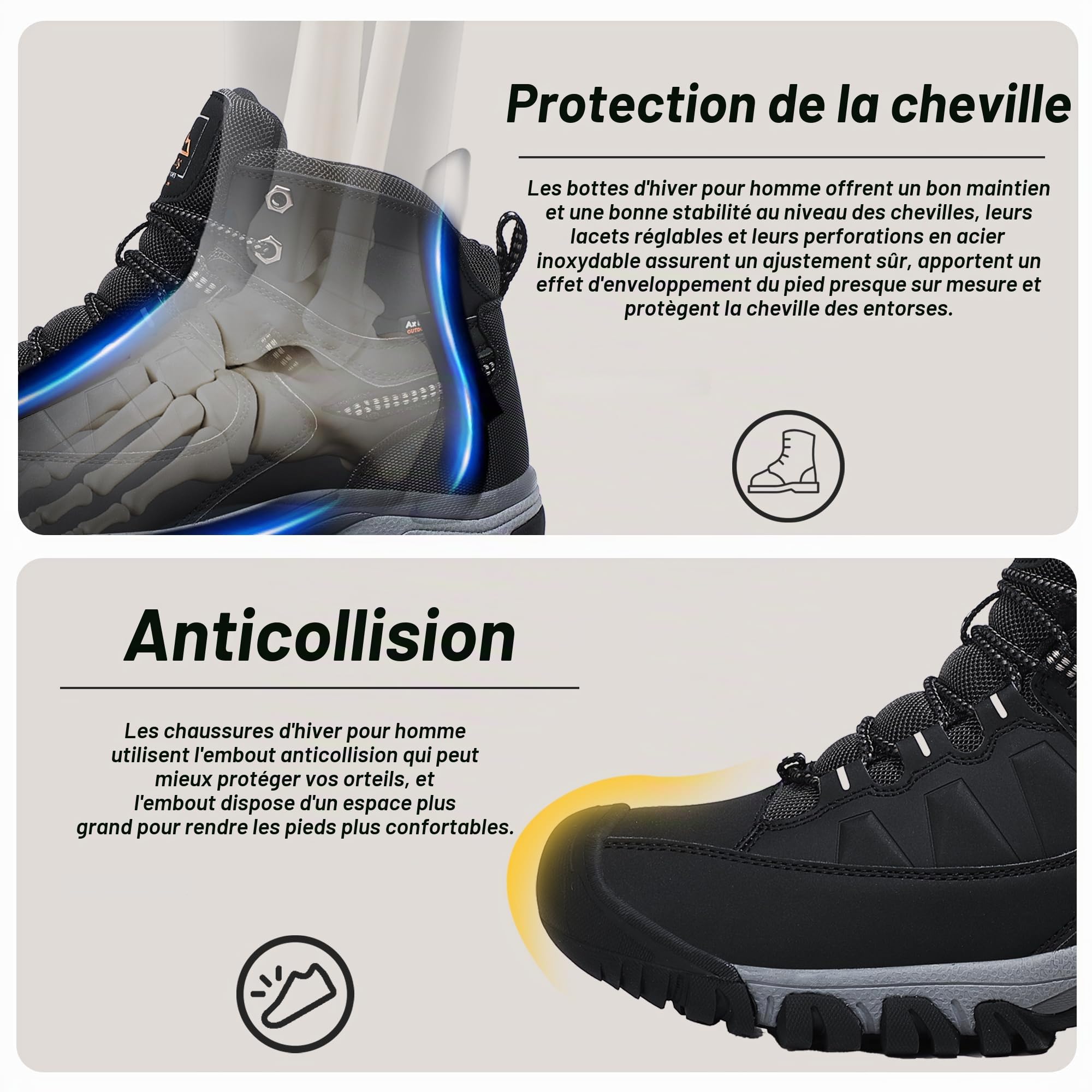 AX BOXING Chaussure Homme Hiver Chaussure Chaude Fourrées Chaussure Neige Extérieur Montantes Chaussure Randonnée Antidérapant Bottine Taille 41-46 EU (Noir, 41 EU)
