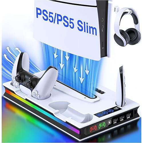 PS5 Slim Stand and Turbo Cooling Station with Dual Controller Charging Station for Playsation 5, RGB PS5 Console Accessories with 3 Levels Cooling Fan for PS5 Digital/Disc