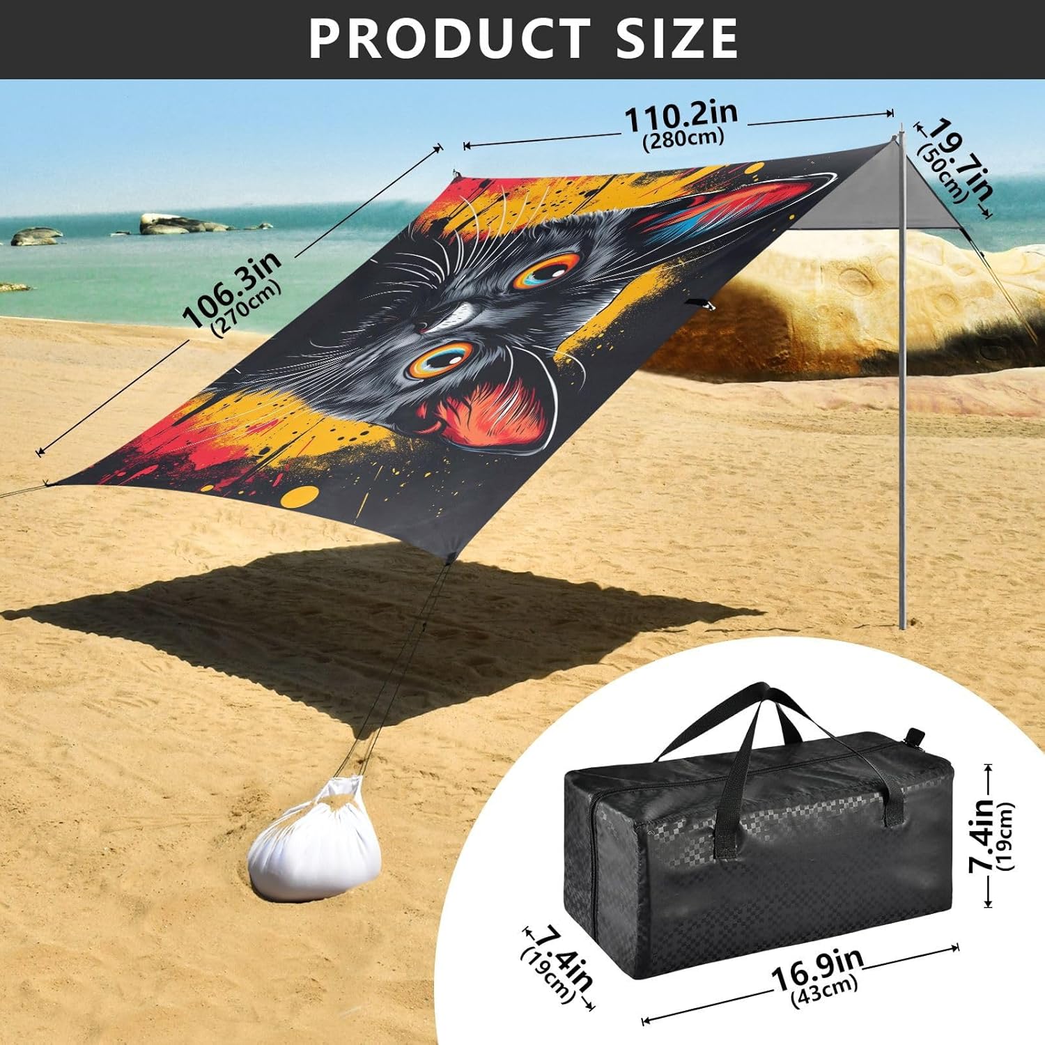 ALAZA Black Cat Art Beach Tent Sun Shelter UPF50+ Protection Beach Shade Canopy w/ 4 Sandbags for Outdoor Camping, Fishing, Backyard Fun, Picnic, 10x9 ft