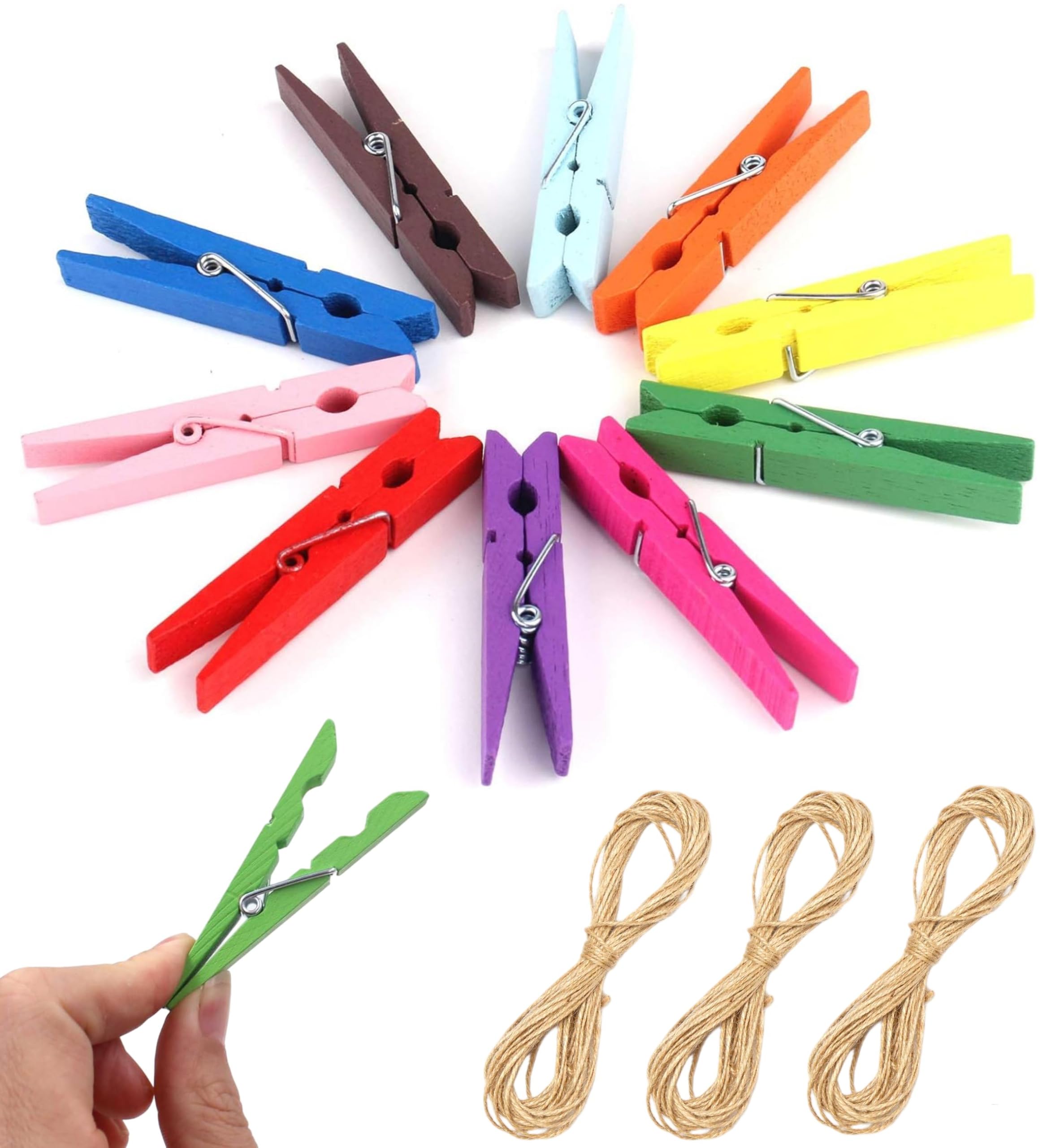 Dwuent Wood Color 100Pcs Colour Mini Wooden Photo Clips Pegs Natural Small Photo Pegs,Photo String With Clips,Wooden Peg Craft With 3X10m Jute String For Photo Wall Display,Craft,Parties,Wedding