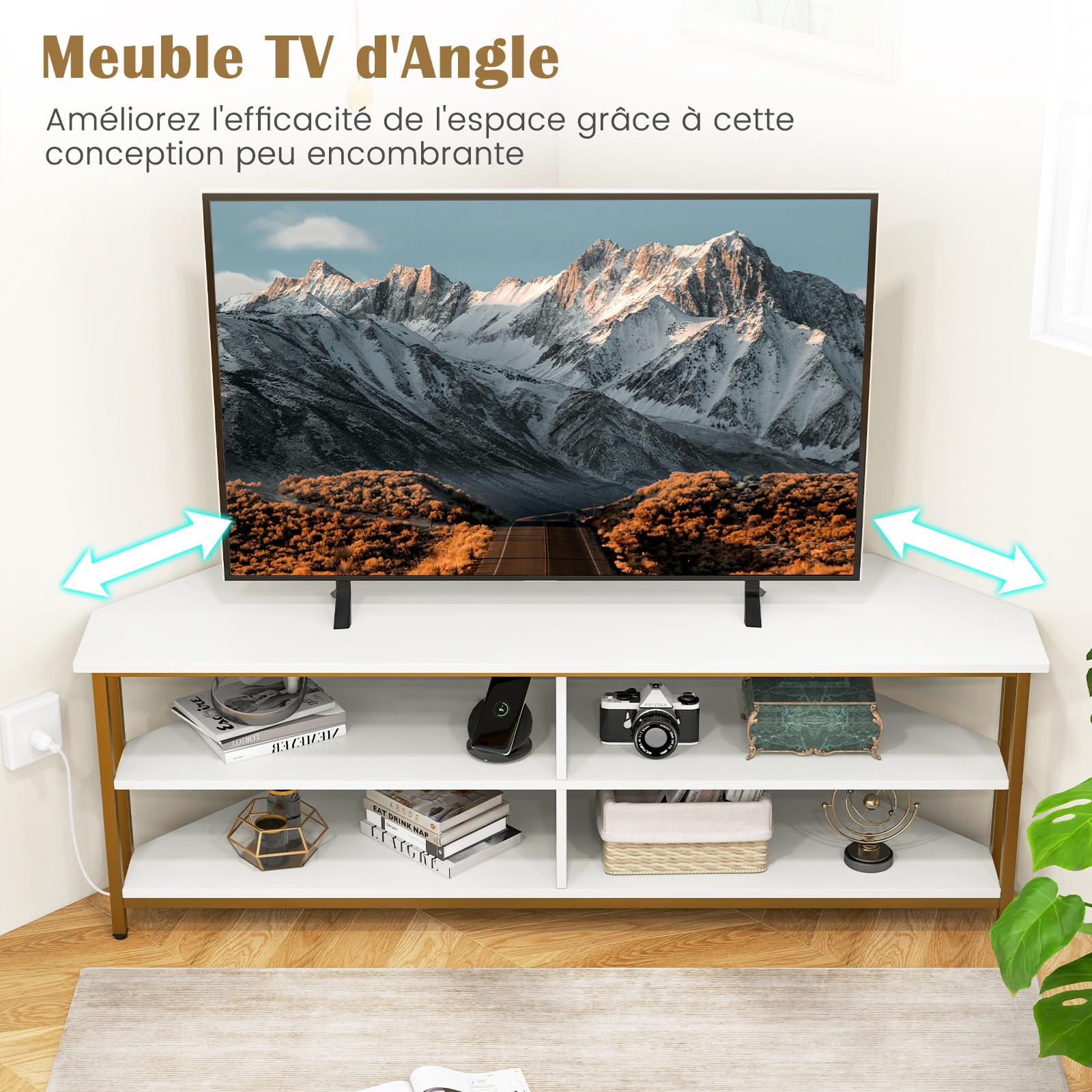 COSTWAY Meuble Tourne-Disque Vinyle Avec Prise, Support Tourne-Disque