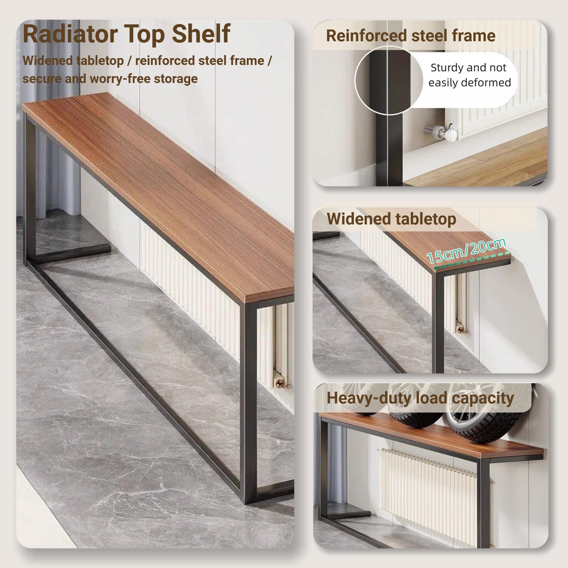 Elegante cubierta de radiador de madera y metal, mesa auxiliar de 140 x 19,8 cm para espacios pequeños, ideal para sala de estar, pasillo, sofá, cama, diseño moderno, solución para ahorrar espacio