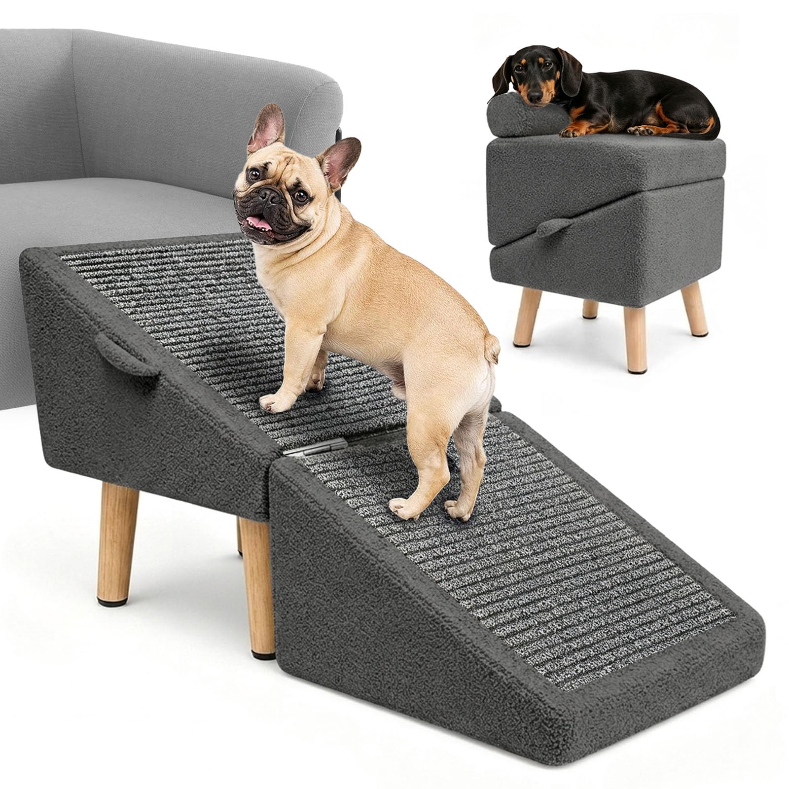 Photo 1 of 16" H Dog Stairs & Ramp for Small Dogs, 2-in-1 Foldable Wooden Dog Ramp for Low Bed and Couch, Non-Slip Split Ottoman Pet Ramp, Safe for Puppies, Senior, Injured Dogs, Grey