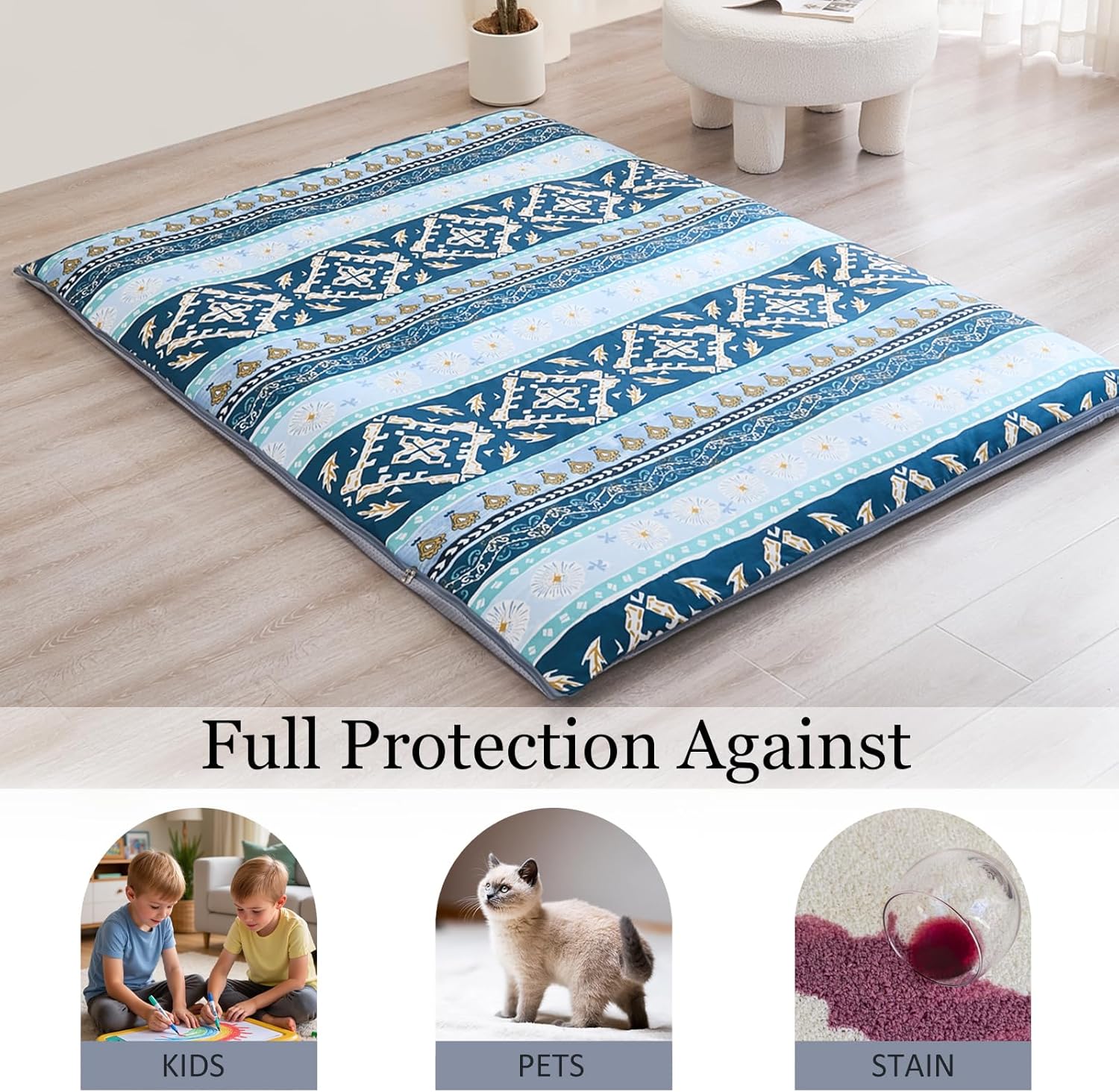 Zelladorra Anti-Slip Futon Mattress Cover Twin Size, Japanese Floor Mattress Cover with Zipper, Machine Washable (Blue Striped Jacquard)
