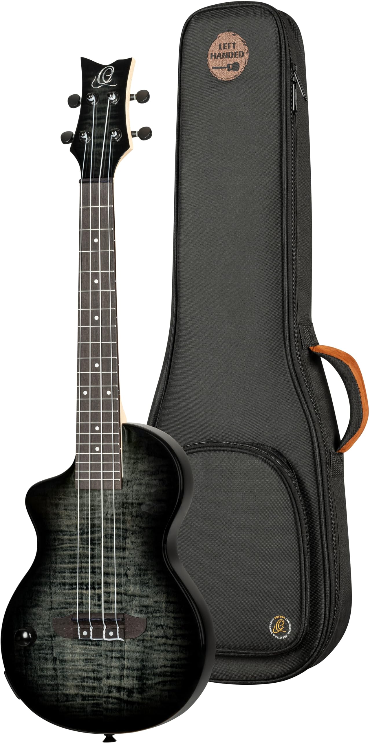Ortega Guitars Ukulélé Ténor Gaucher – Électro-Acoustique, Corps Plein – Neo Series – Housse Incluse – Érable Flammé/Okoumé, Noir/Gris (NEO-U-TGB-L)