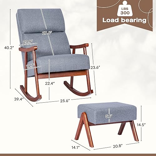 Miniatura 2 de HOMREST Mecedora silla planeadora de guardería con juego otomano tela tapizada moderna cojín grueso respaldo alto cómodo balancín de madera maciza