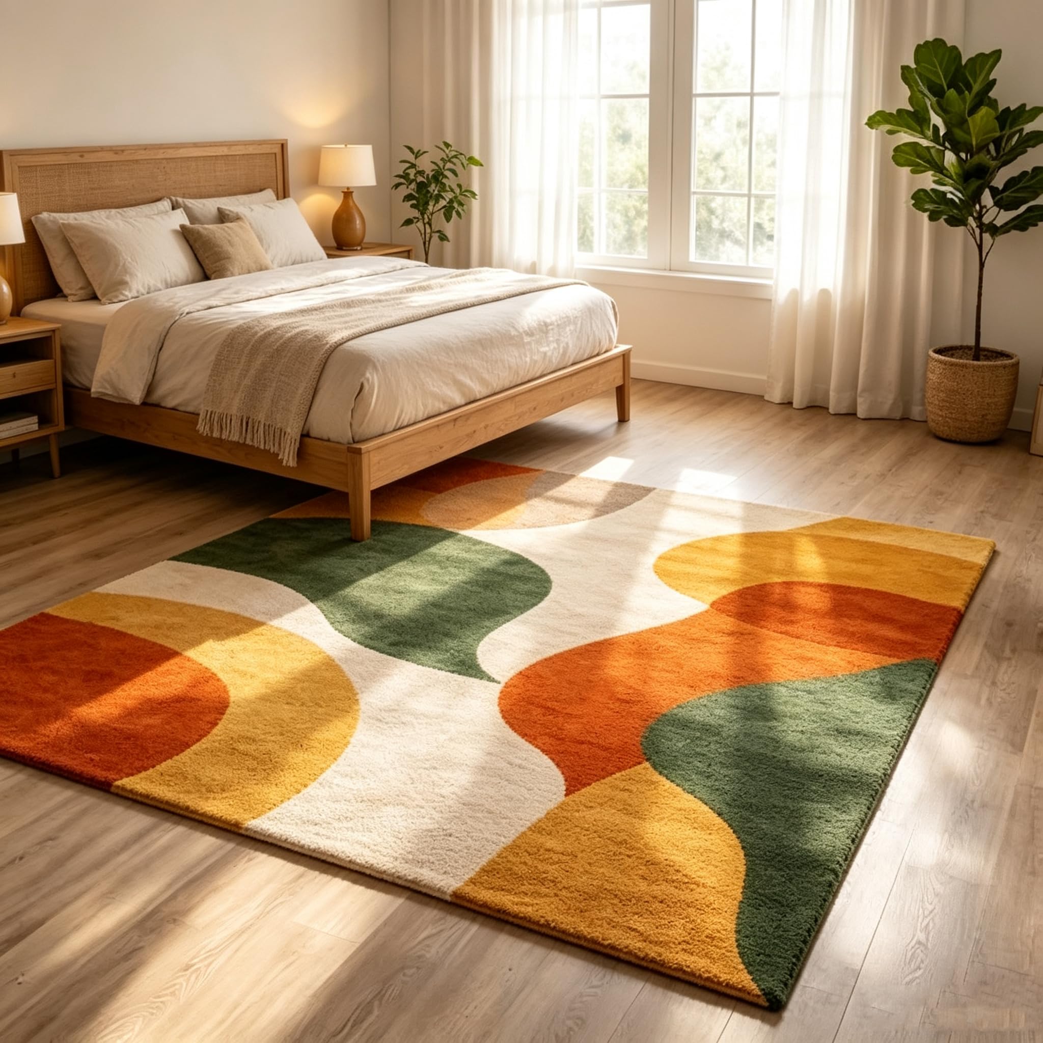 Tapis géométrique Moderne Lavable 120 x 140 cm, Motif Abstrait coloré, Tapis de Sol antidérapant pour Salon, Chambre, Bureau ou Salle à Manger. Fin.