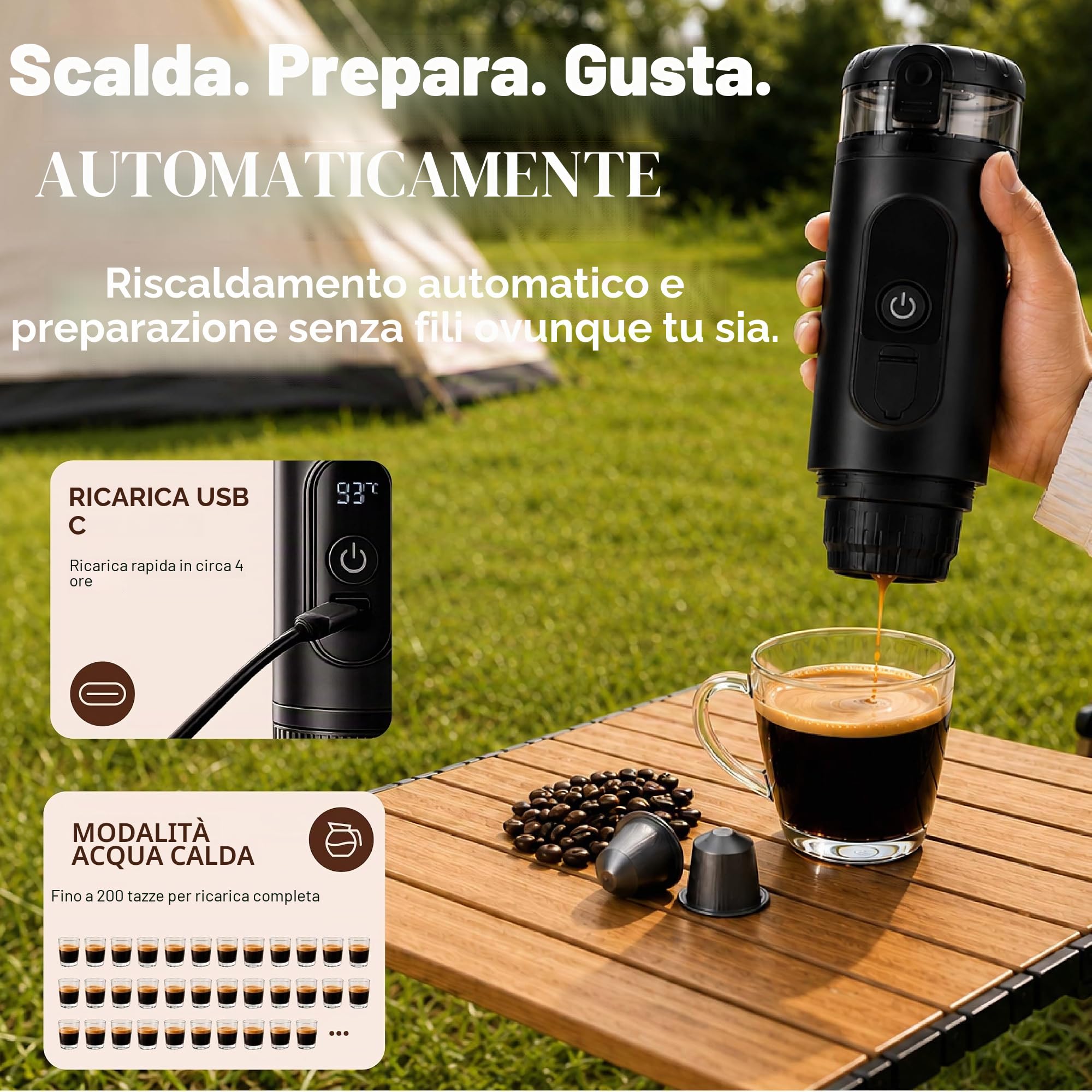 Macchina da Caffè Portatile a Capsule con Batteria USB-C, Macchina Espresso Automatica a Pompa 72W, Serbatoio 60 ml, Tazza 150 ml, ABS Senza BPA, per Viaggi Camping Auto Outdoor