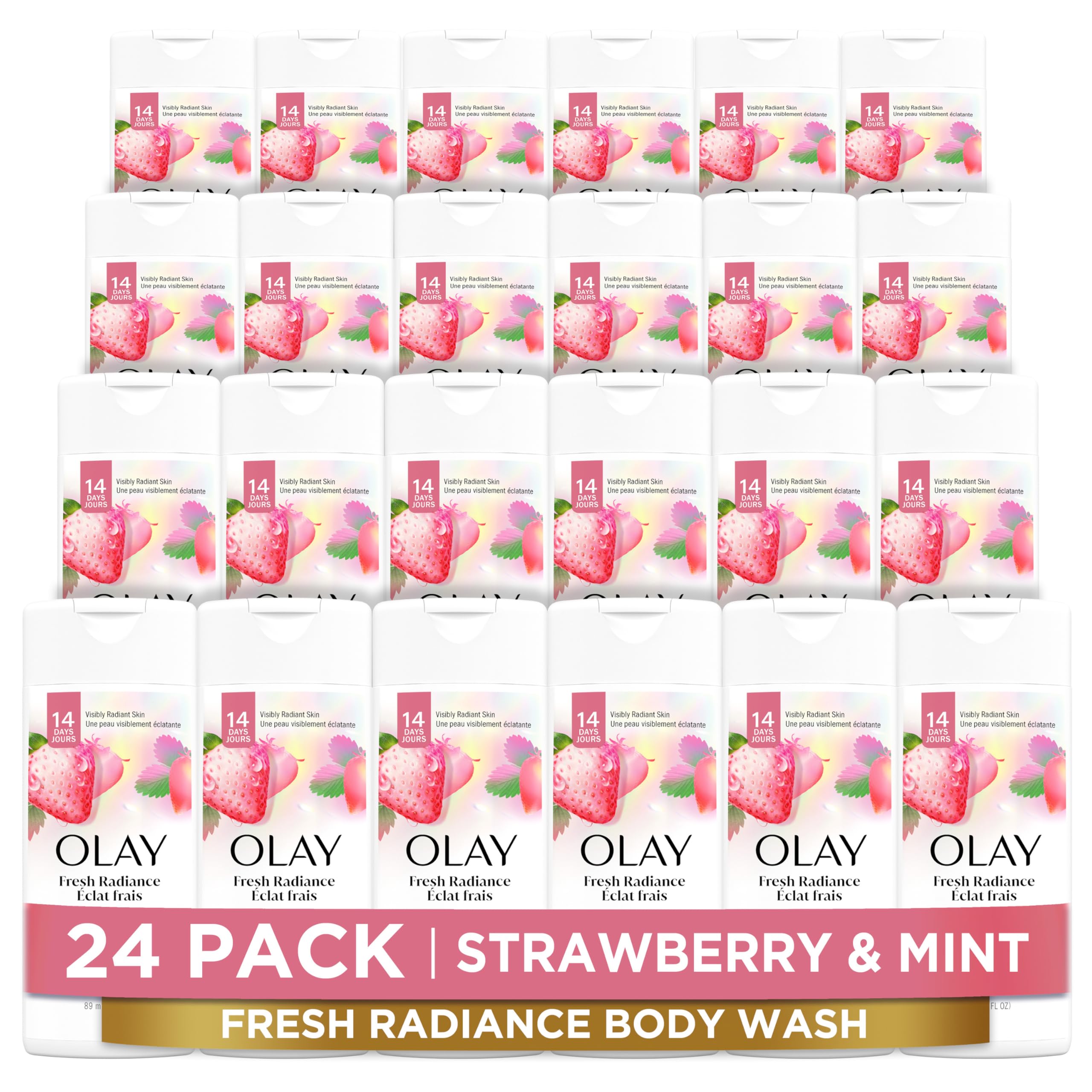 Olay Body Wash for Women, Fresh Radiance, Refreshing & Renewing, Made with Plant Based Cleansers, B3 Botanical Complex, For All Skin Types, Strawberry & Mint Scent, 3.0 fl oz (Pack of 24)