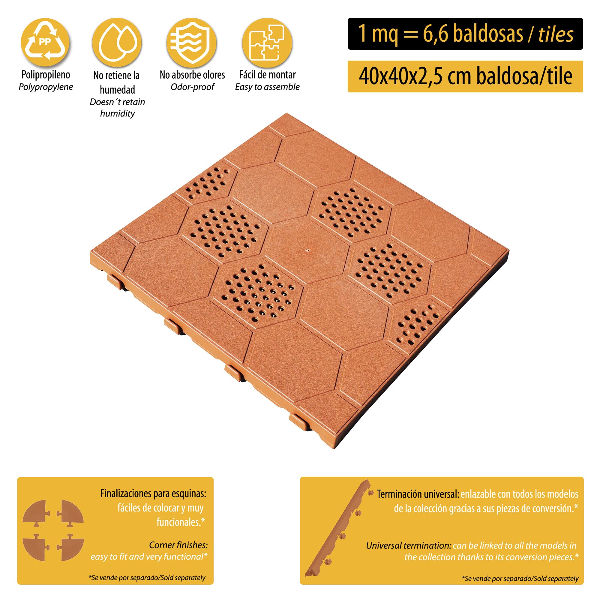 Confezione da 6 piastrelle di plastica per pavimento esterno di 39x39x2,5 cm. Superficie totale 0.9m². Collezione facile - Terracota