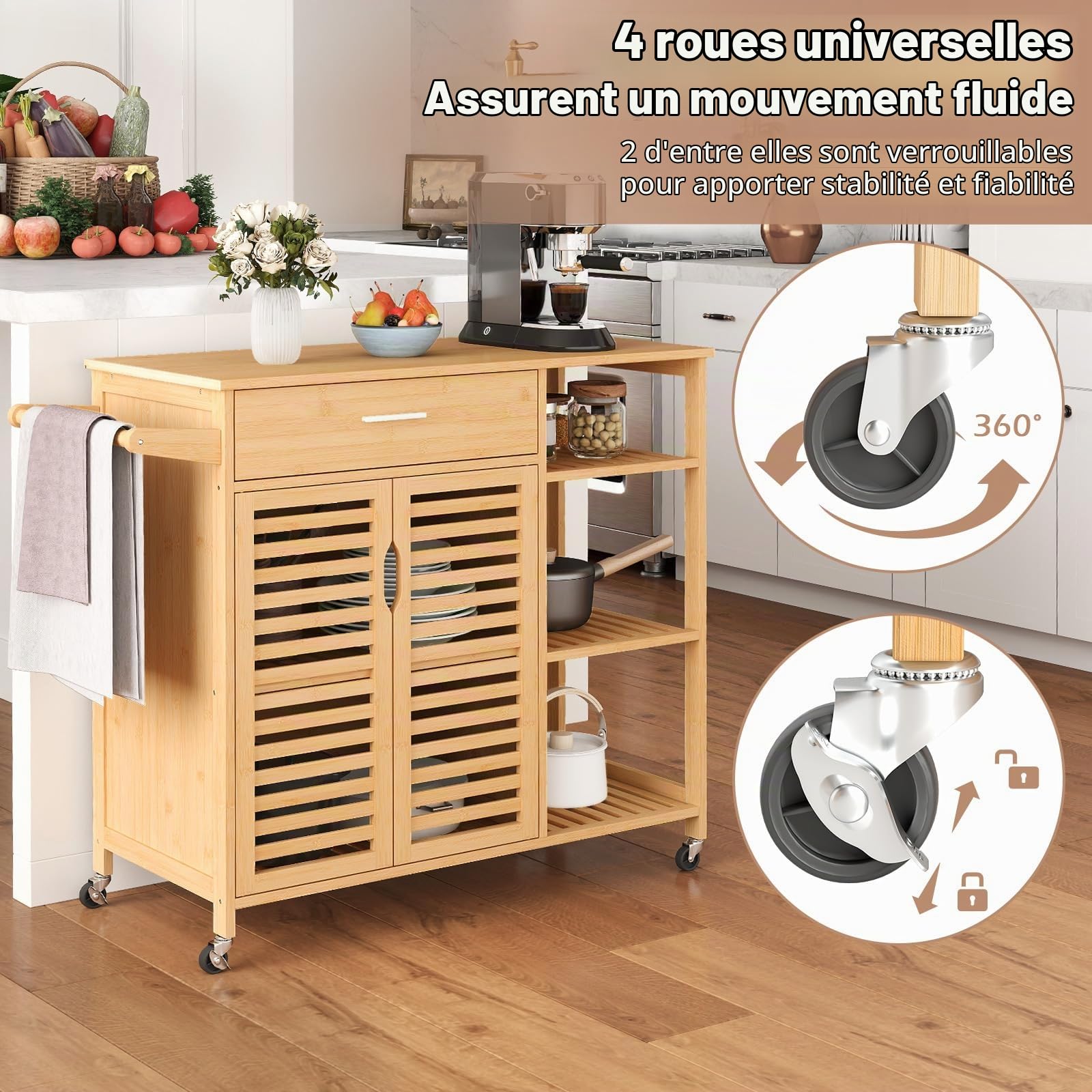 GIANTEX Chariot de cuisine sur roulettes, armoire de cuisine en bambou avec tiroir et portes à lattes, îlot de cuisine mobile, chariot de service avec étagères ouvertes et porte-serviettes, chariot de