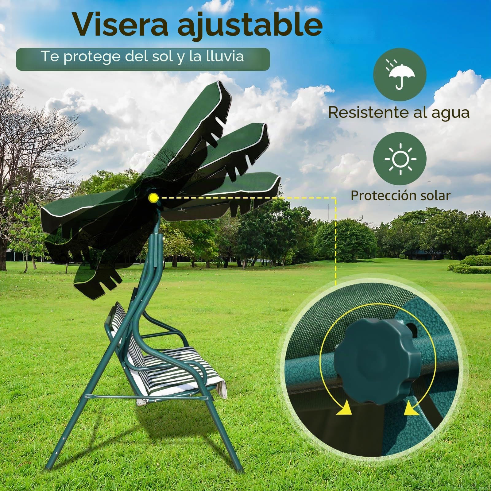 FANTASK Balancín con toldo Ajustable, Columpio de jardín de 3 plazas, para jardín, terraza y Patio Trasero, 172 x 110 x 154 cm, Color Verde y Blanco