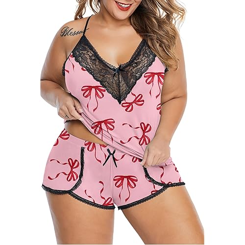 XAKALAKA Women Plus Size Pajamas Cami Shorts Set Nightwear Sexy Lace Lingerie Sleepwear
