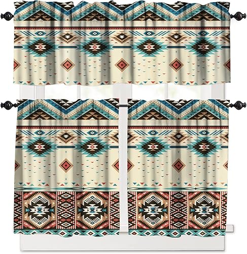 Aztec Native - Juego de cortinas de cocina, cenefas geométricas tribales del suroeste para ventana de cocina, cortinas cortas con estampado étnico