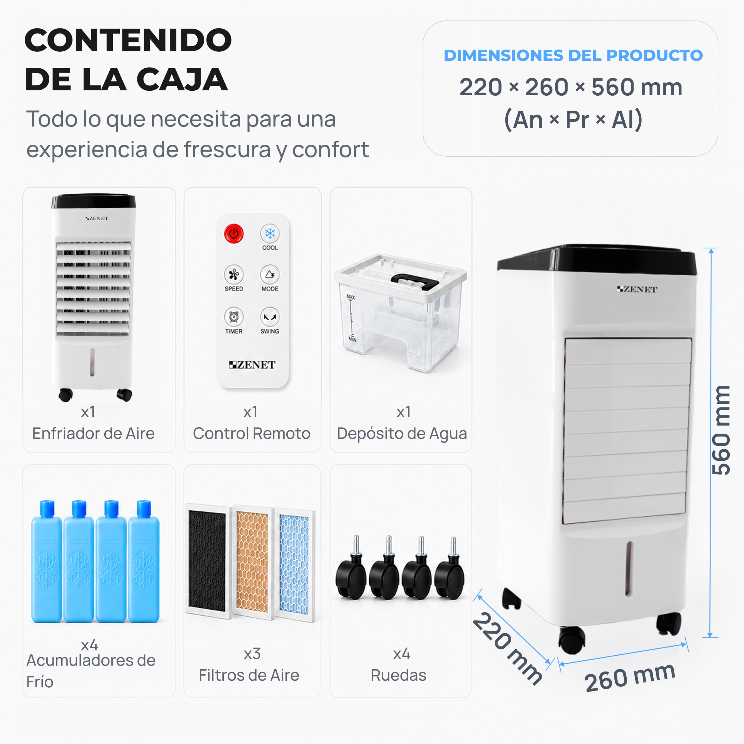 ZENET Aire Acondicionado Portátil 4 en 1, Climatizador Evaporativo 3.5L 65W | Ventilador con Agua, Enfriador, Humidificador, Purificador de Aire, Silencioso, Mando, para Hogar y Oficina, Sin Instalación
