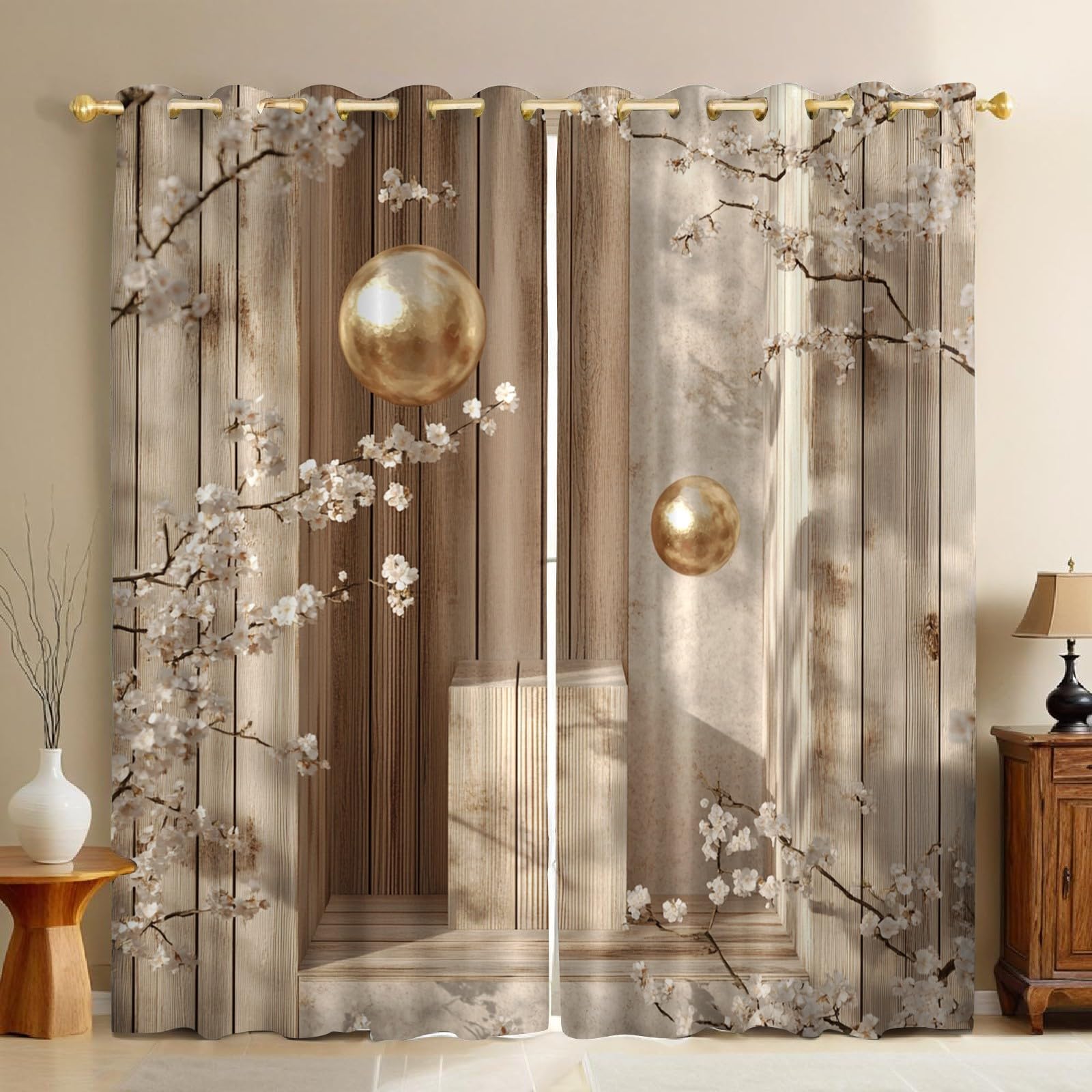 Rideaux Occultants Chambre et Salon Lot de 2 Rideaux Imprimés Beige 140x175 cm
