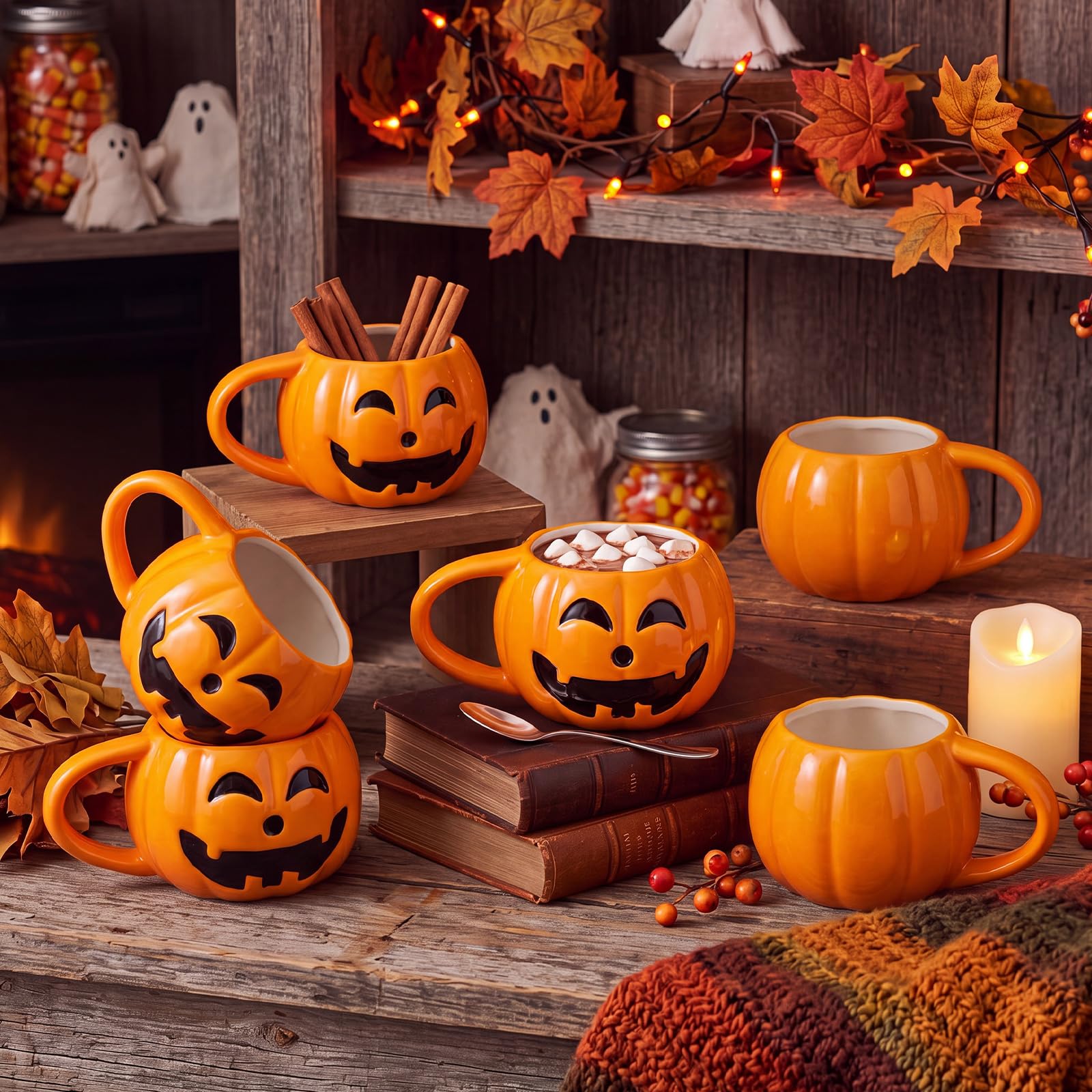 6 Pcs Halloween Pumpkin Coffee Mugs Orange 11 oz Ceramic Cup Gifts