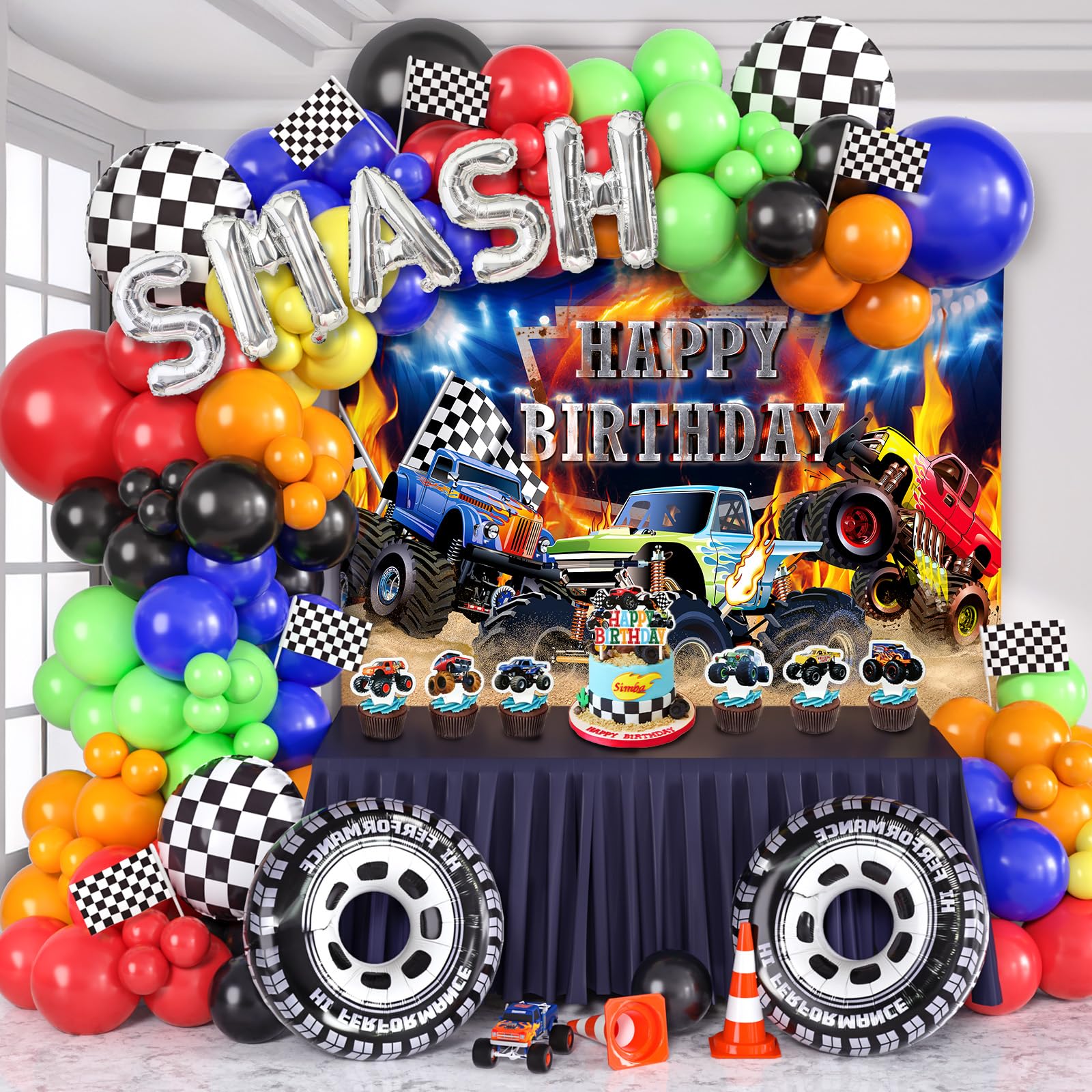 Photo 1 of 145Pcs Monster Truck Birthday Decorations Machines Party Decoration with Truck Theme Balloon Garland Arch Kit Wheel Foil Balloon Backdrop Cake Topper Baby Shower Truck Birthday Supplies for Boys