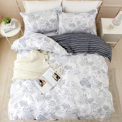 Miniatura 3 de OAITE Funda de edredón Queen 90 x 90 pulgadas 100 algodón con estampado de hojas de color verde azulado elegante suave y transpirable para todas las