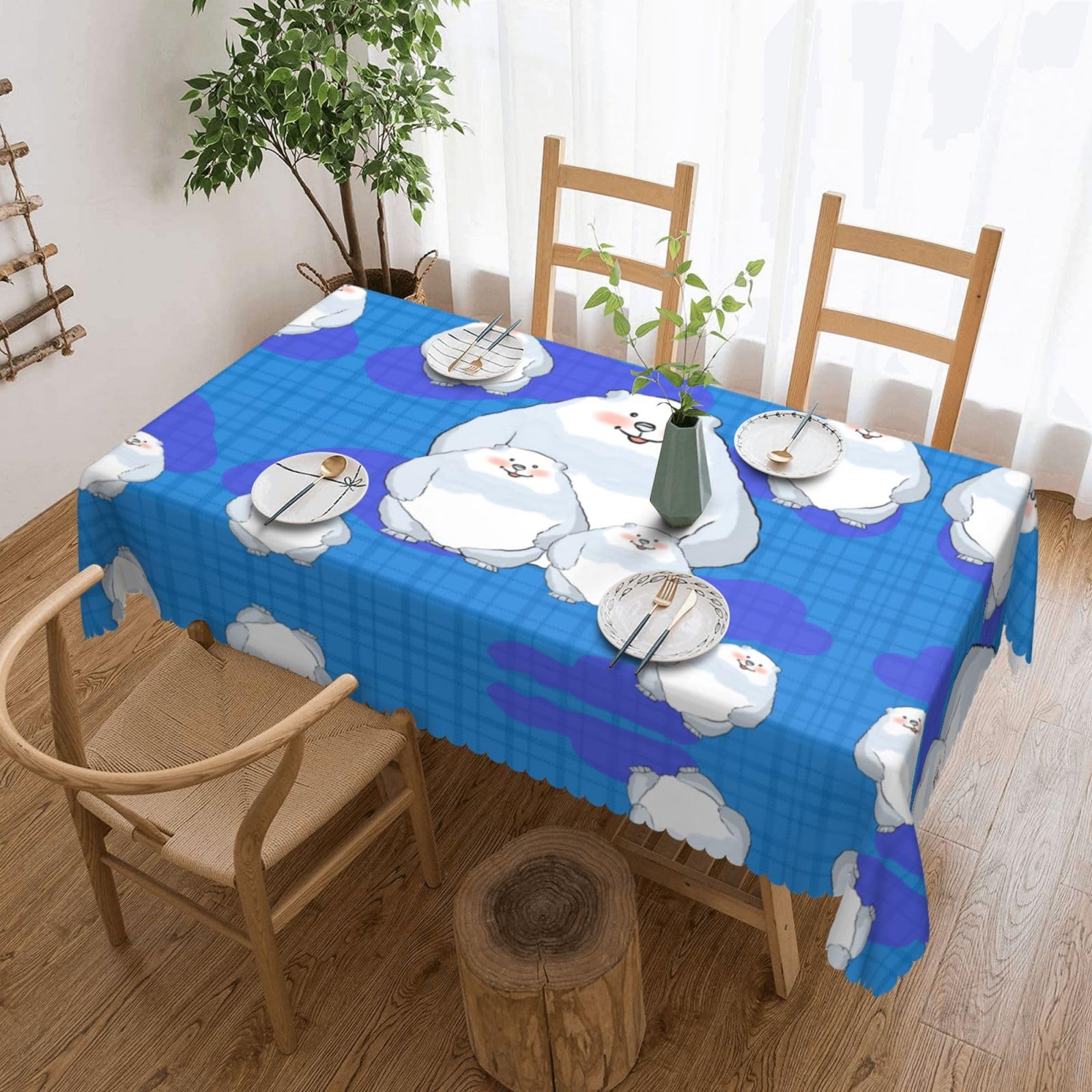 QAZWZML White Bear Family Printed tablecloth, made of thick polyester with lace trim, suitable for dining rooms, picnics, and weddings
