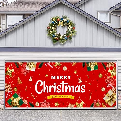 Arosche Cubierta extra grande de Navidad para puerta de garaje, 6 x 16 pies, decoración de puerta de garaje de Navidad, cajas de regalo de Navidad,
