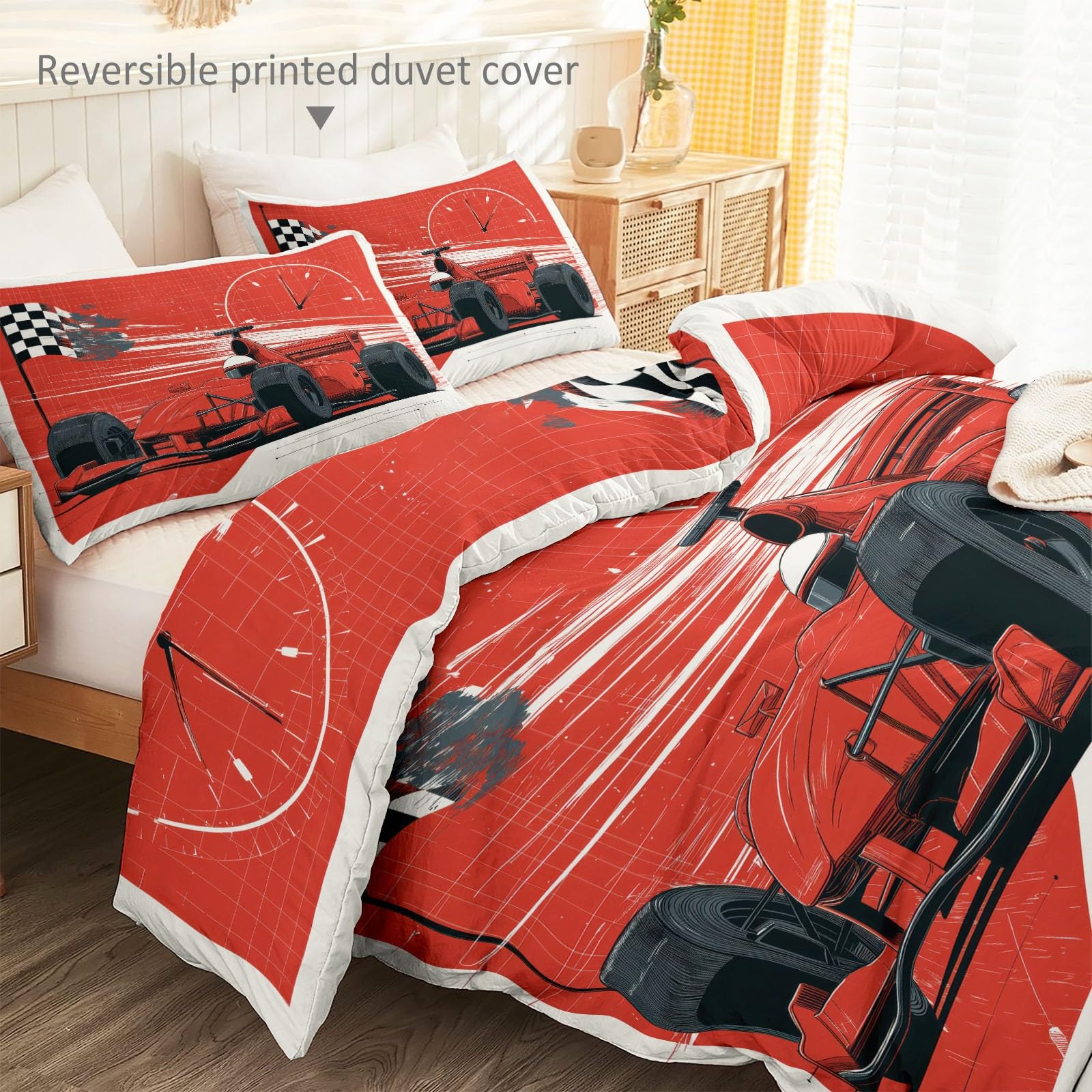 Nowoczesny fajny zestaw pościeli, sportowy wyścigowy prędkościomierz, ultrasoft czerwony, hipoalergiczny zestaw pościeli z mikrofibry, 230 x 220 cm z zamkiem błyskawicznym dla dzieci i nastolatków