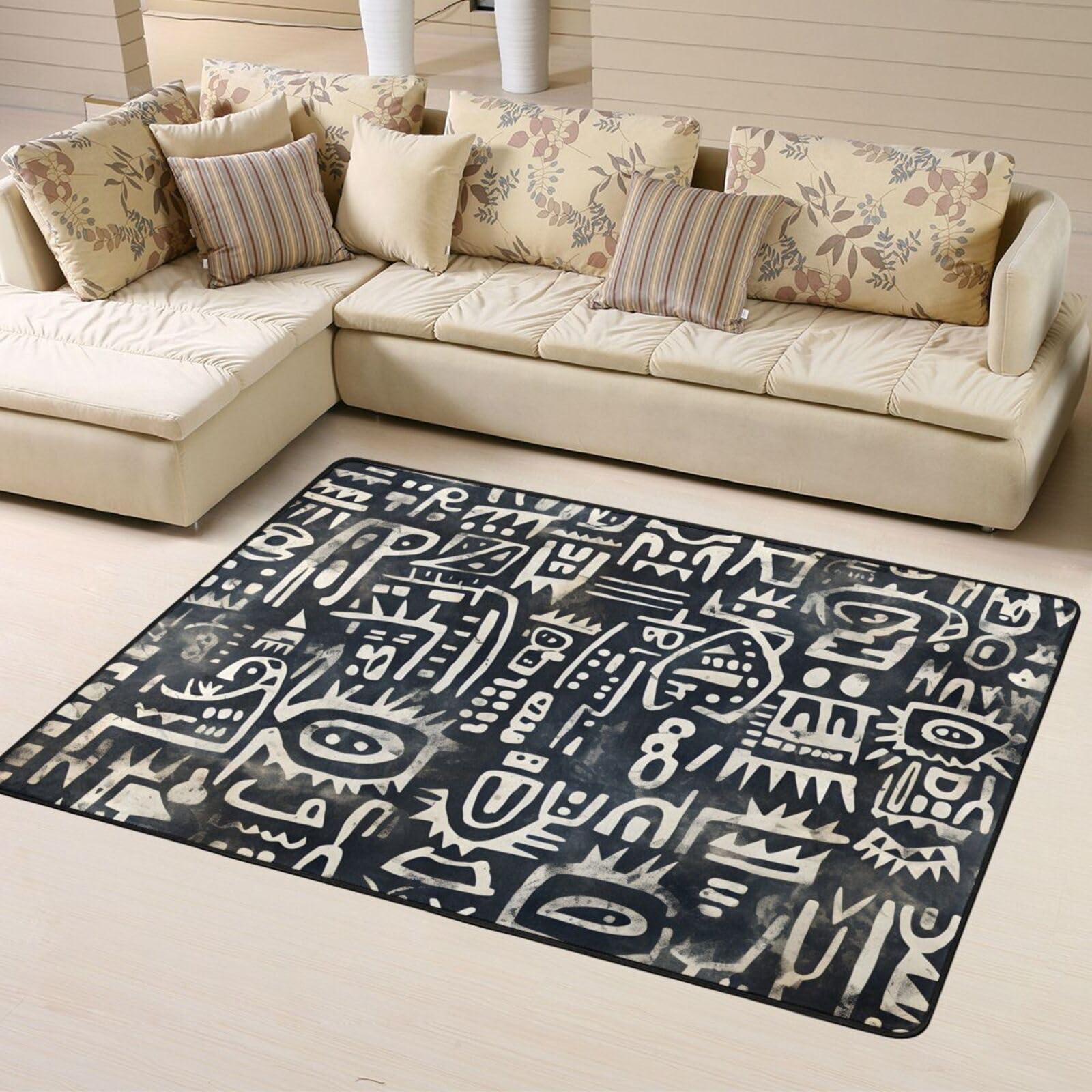 Tapis rectangulaire à poils courts pour chambre au style urbain moderne noir