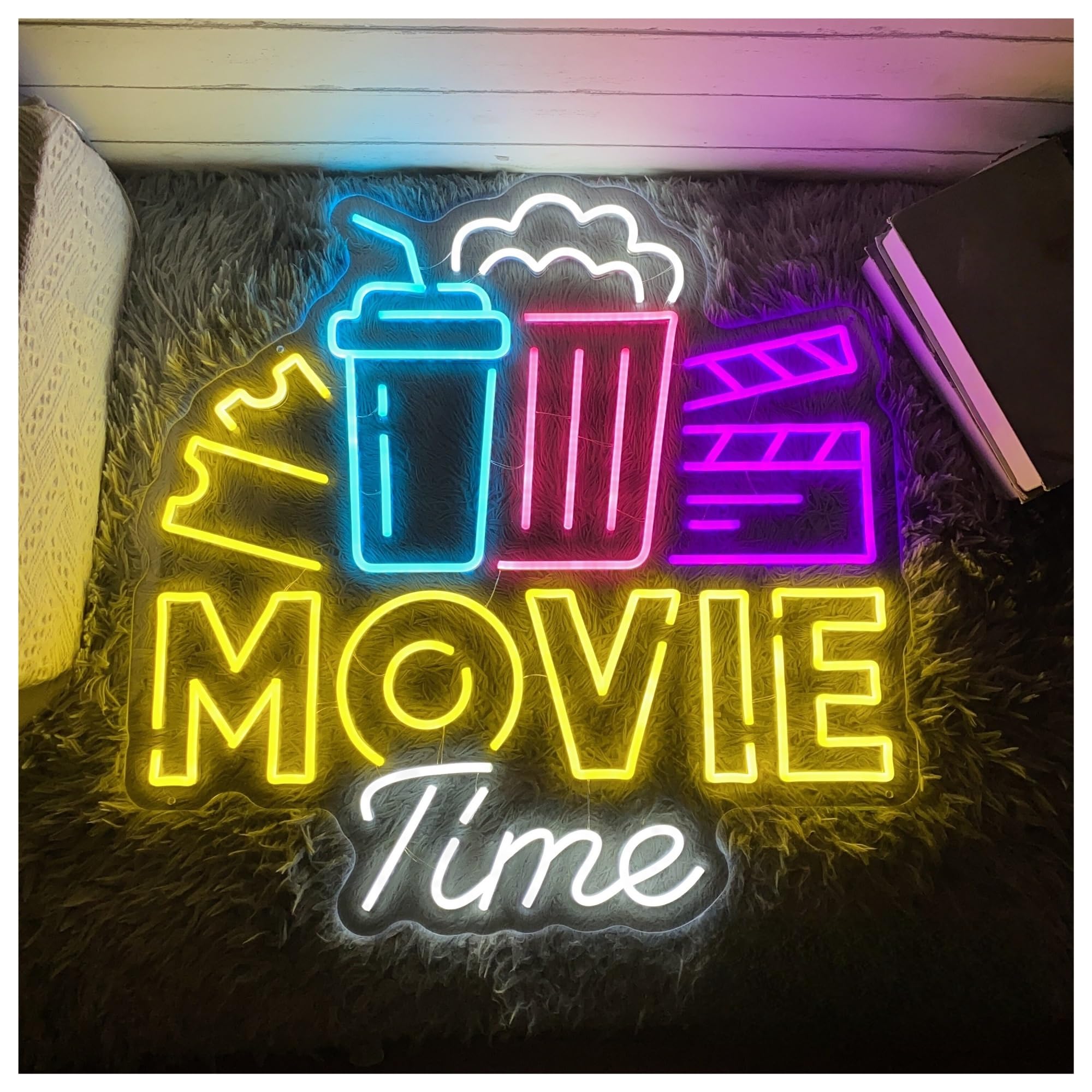 XENITE Luces Art Decoration Christmas Letrero De Neón Movie Time Con Palomitas Y Bebidas, Ideal Para Cine, Bar, Decoración De Pared De Cine, Snack Bar, Luz De Neón De 50cmx50cm(UN)