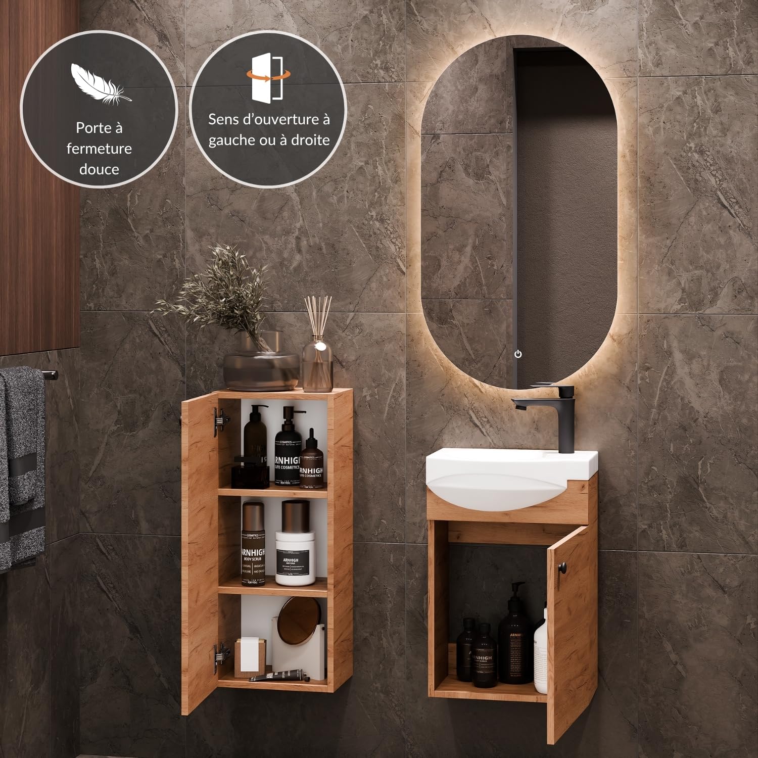 Planetmöbel Ensemble de Meubles de Salle de Bains Lavabo avec Meuble Bas 40 x 60 x 29 cm, Miroir avec éclairage 50 x 90 cm & Armoire Centrale pour Salle de Bains & WC invités, chêne doré